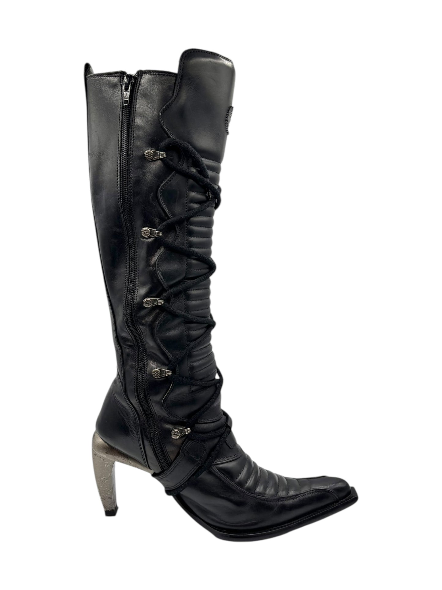 Vintage New Rock knee high leather biker heels size 38