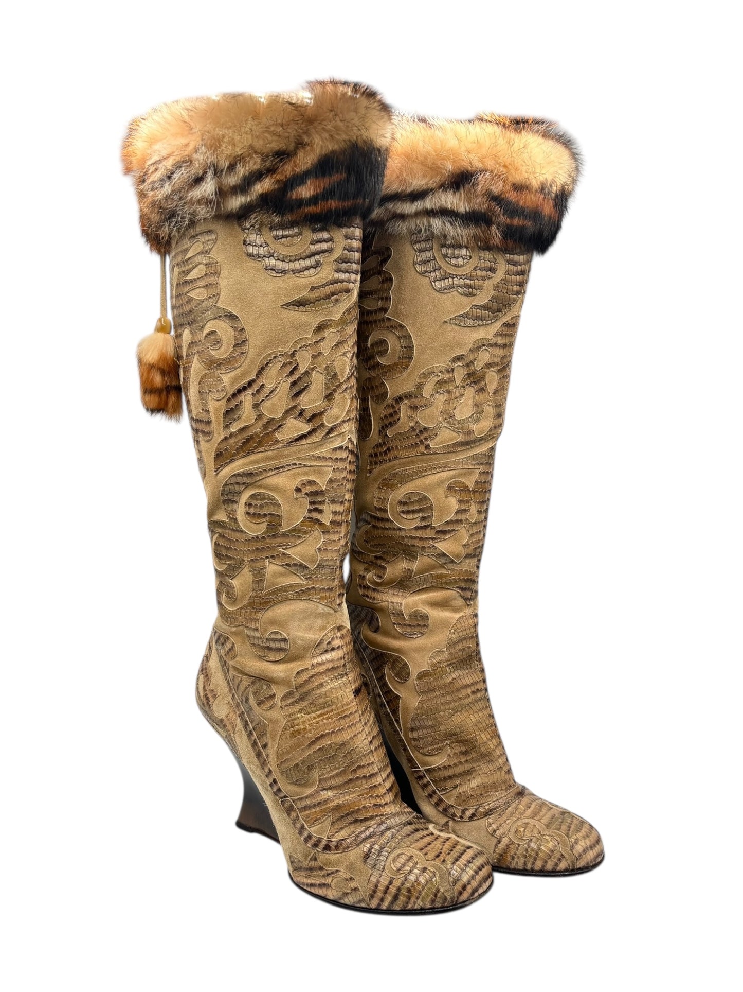 Beautiful vintage El Dantes golden brown fur leather boots size 40