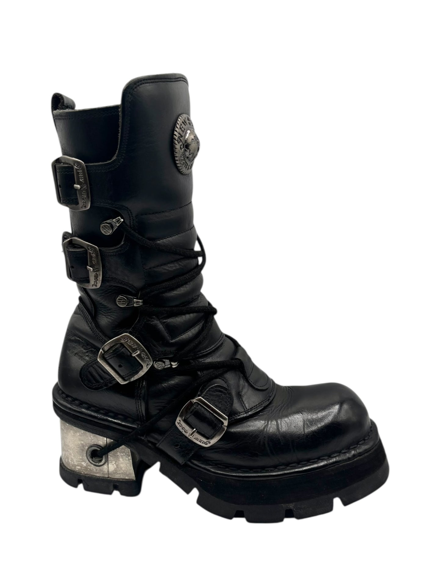 Vintage New Rock buckled raised-heel mid-calf leather boots size 40