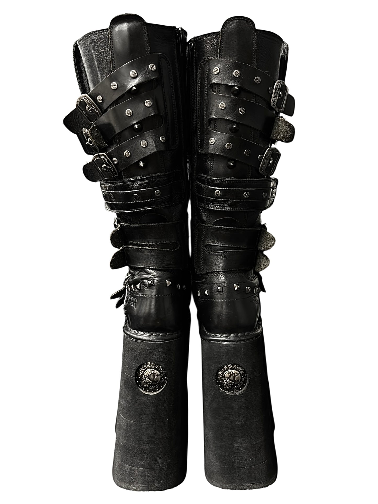 Super rare, vintage New Rock studded double neptuno knee high platform boots size 40