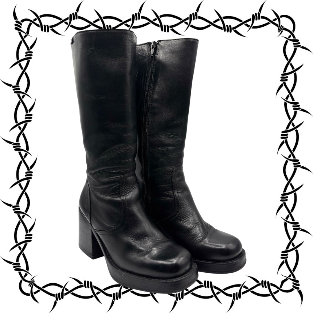 Vintage Destroy knee high block platform leather boots size 38
