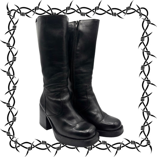 Vintage Destroy knee high block platform leather boots size 38