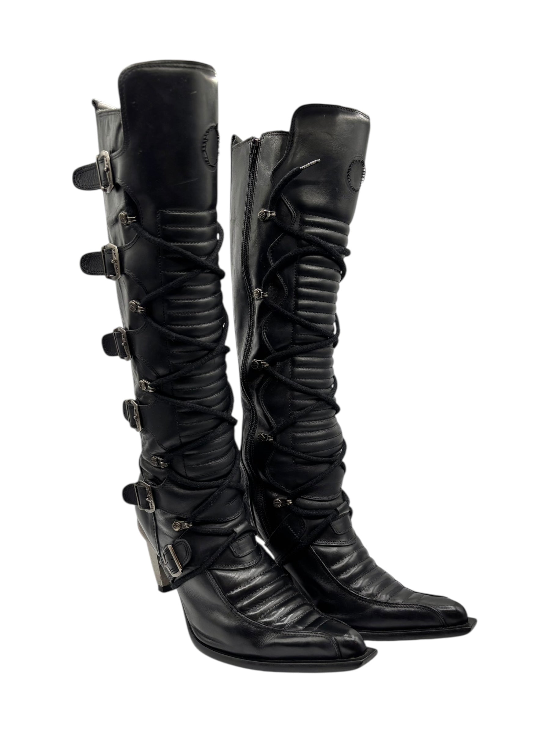 Vintage New Rock knee high leather biker heels size 38