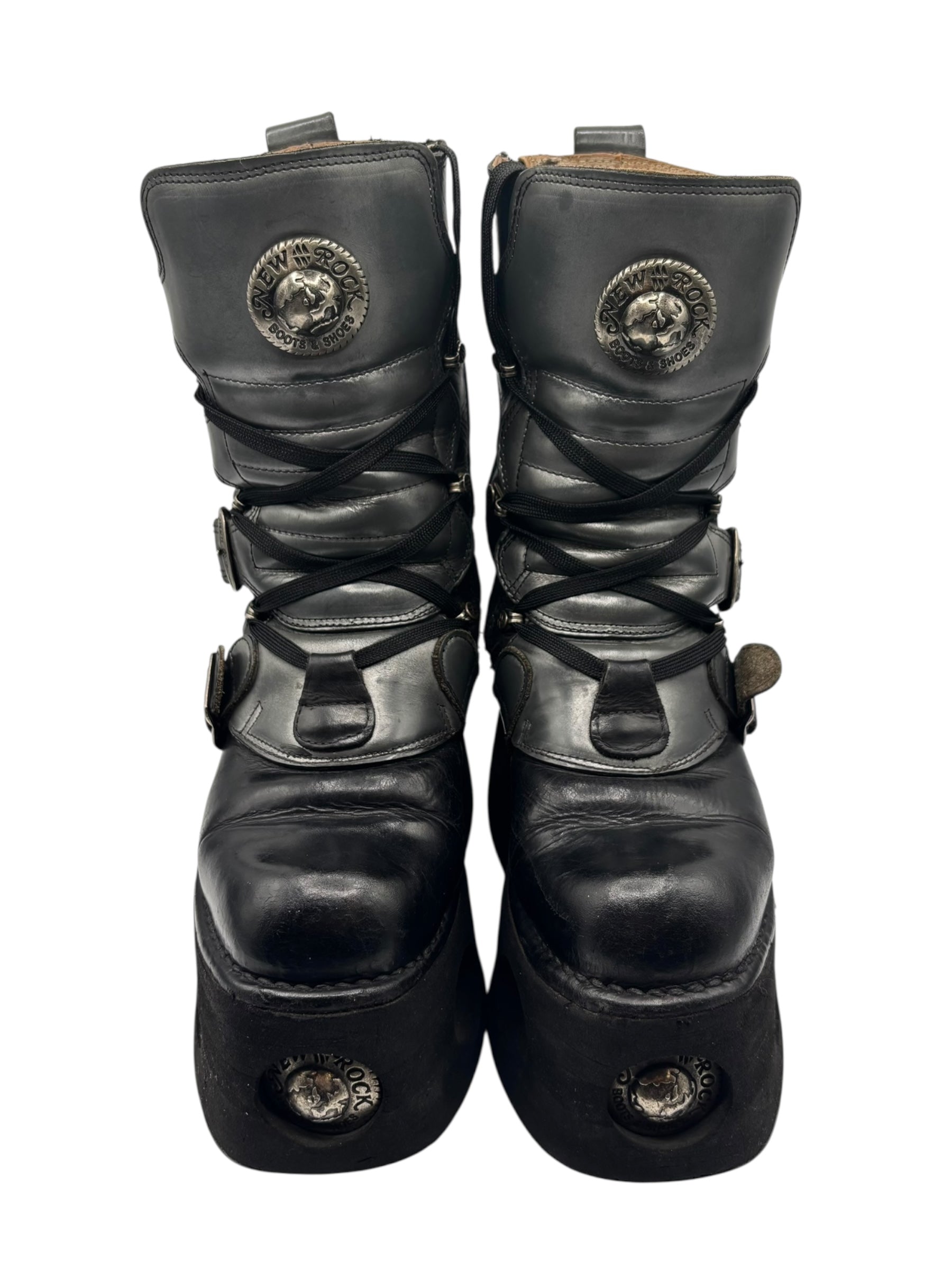 Vintage 90s New Rock mid-calf leather neptuno platform boots size 36
