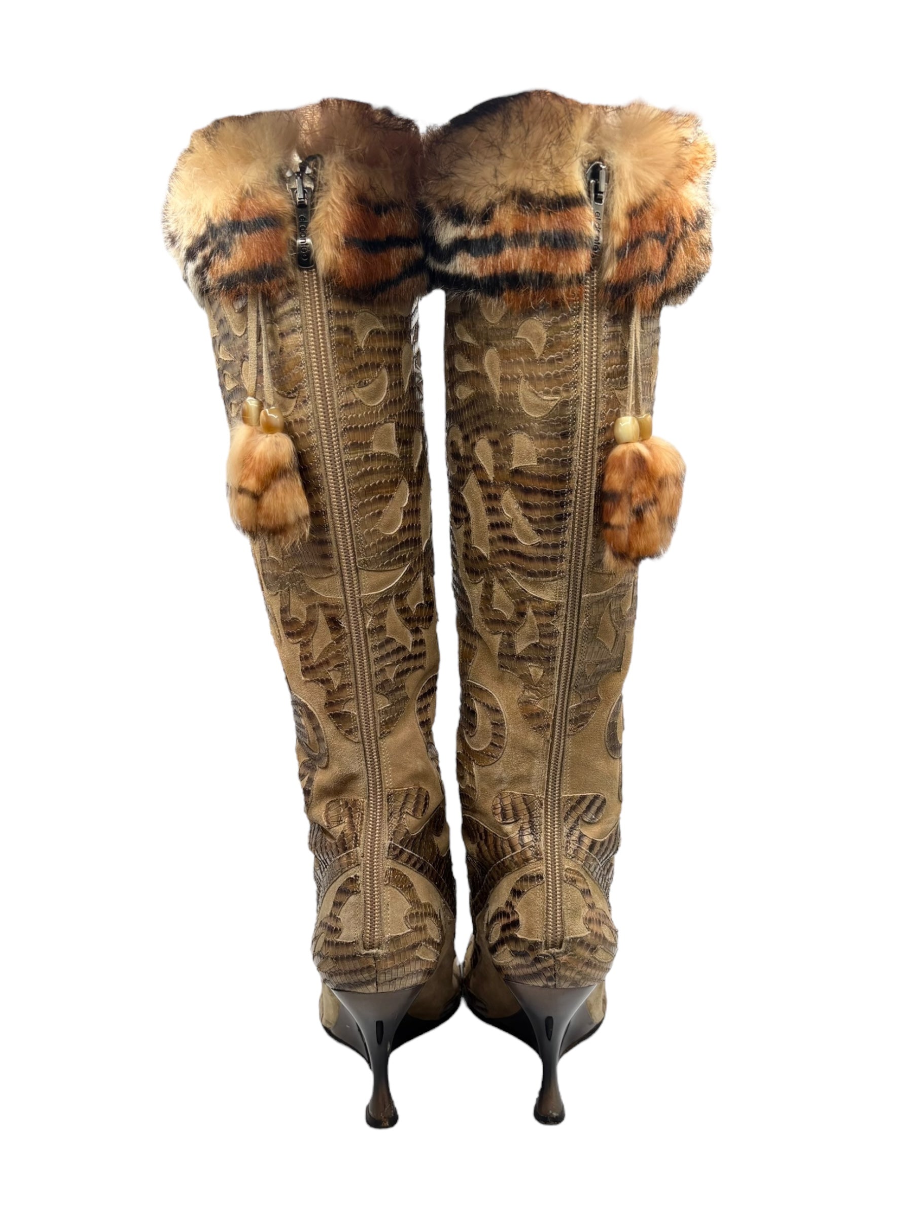 Beautiful vintage El Dantes golden brown fur leather boots size 40