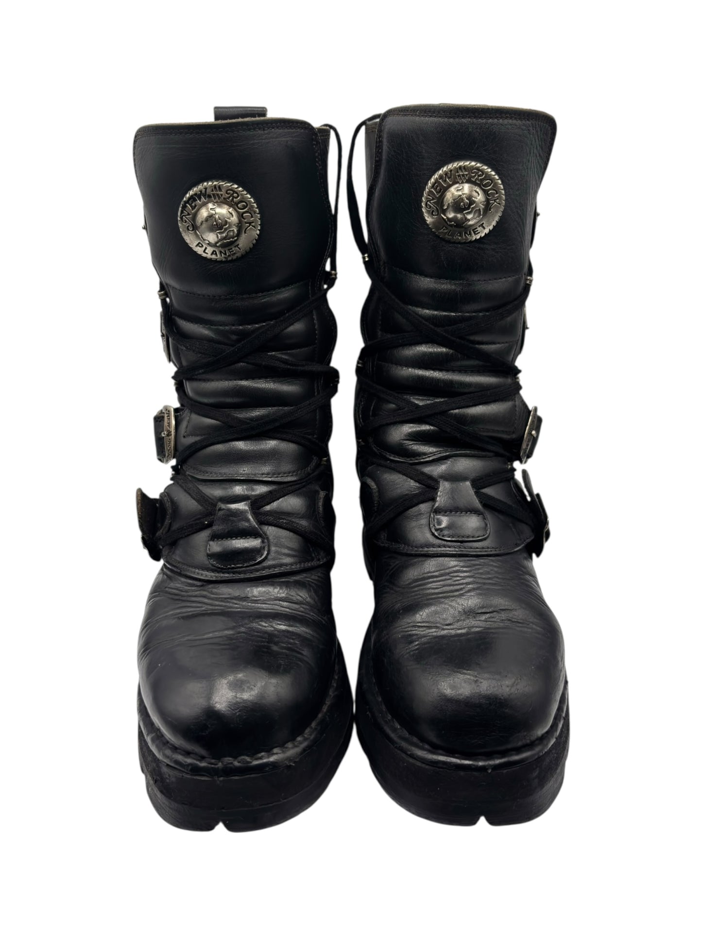 Vintage New Rock buckled raised-heel mid-calf leather boots