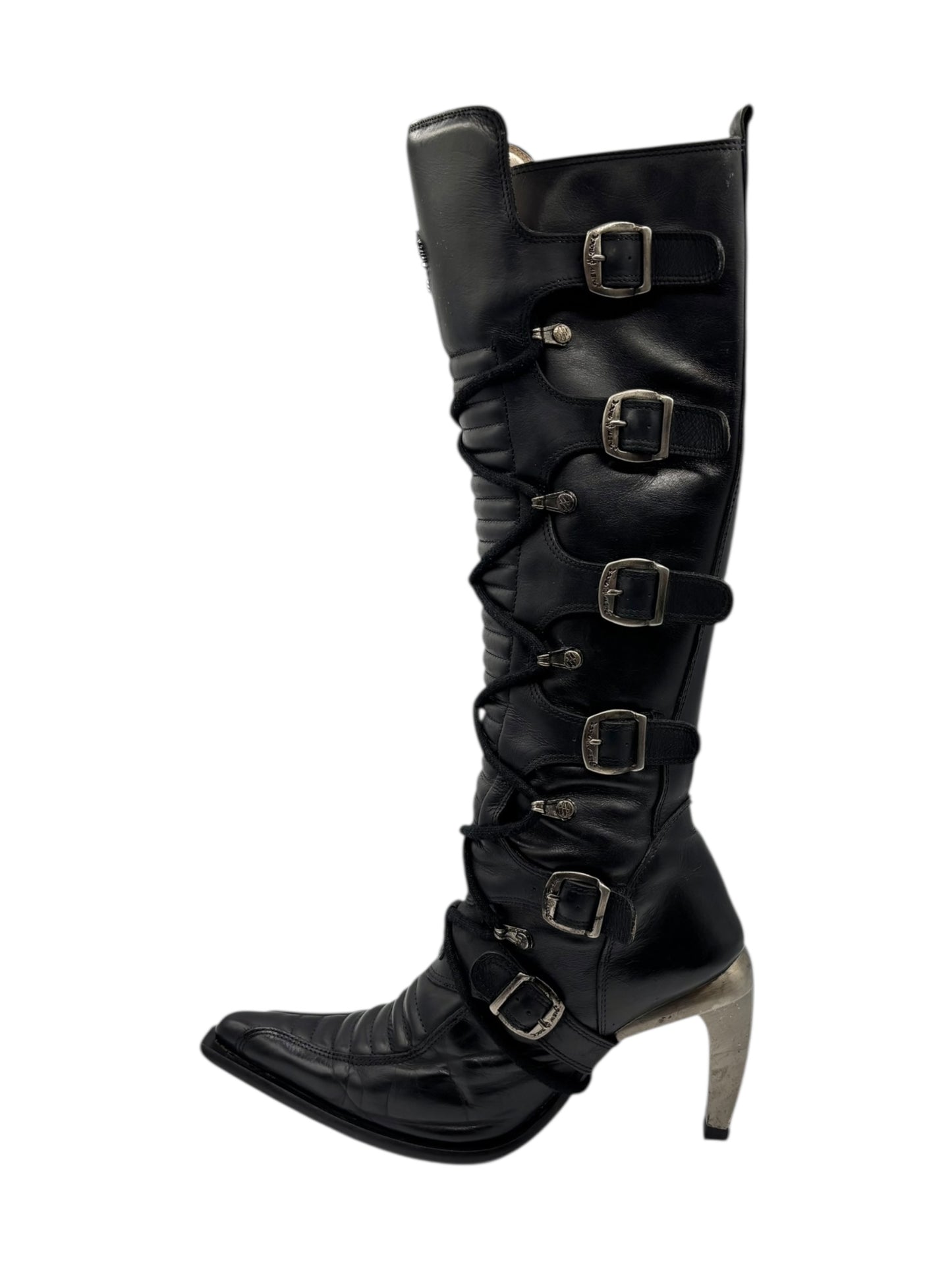Vintage New Rock knee high leather biker heels size 38