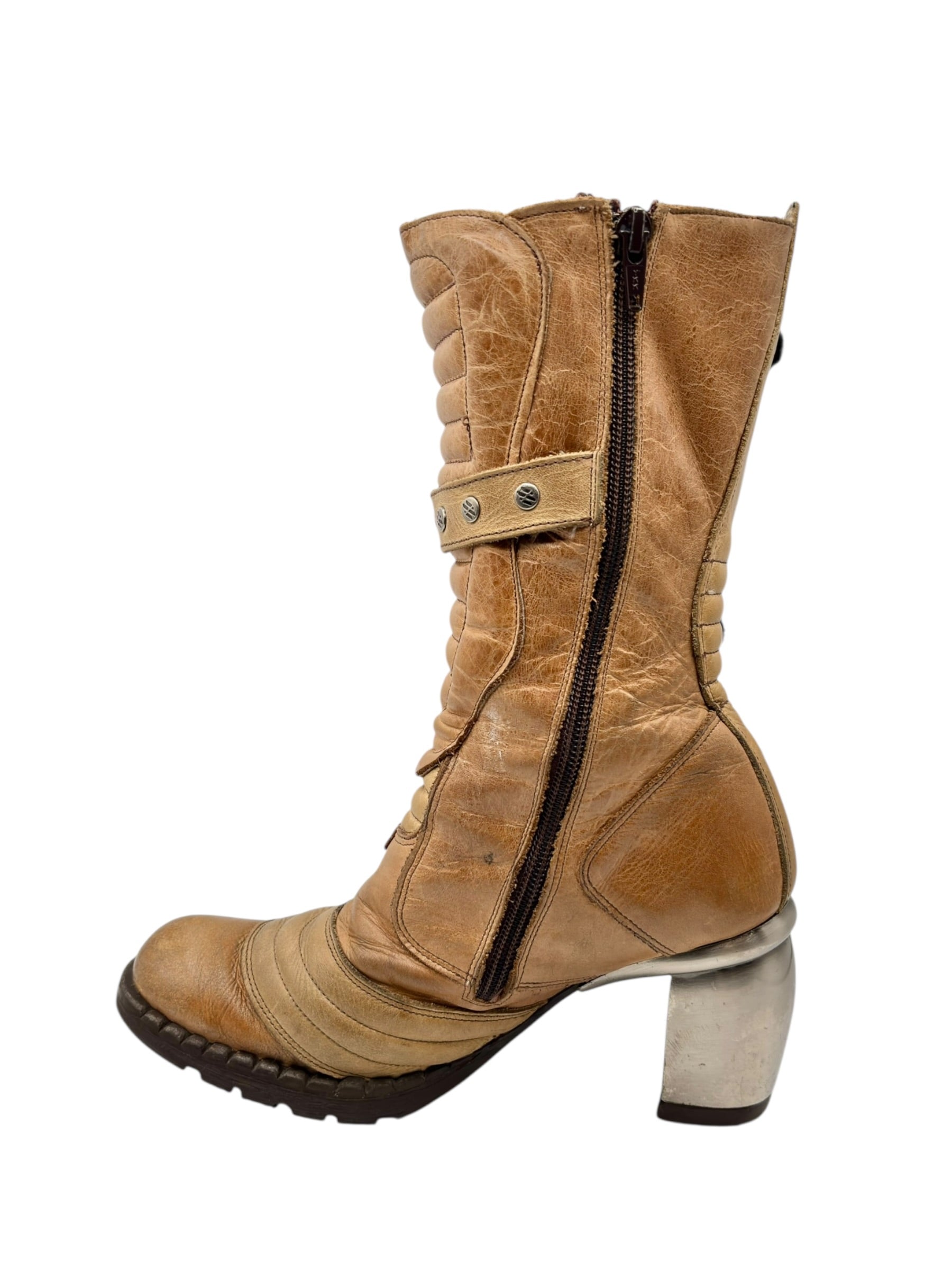 Vintage New Rock beige mid-calf leather biker heels size 37