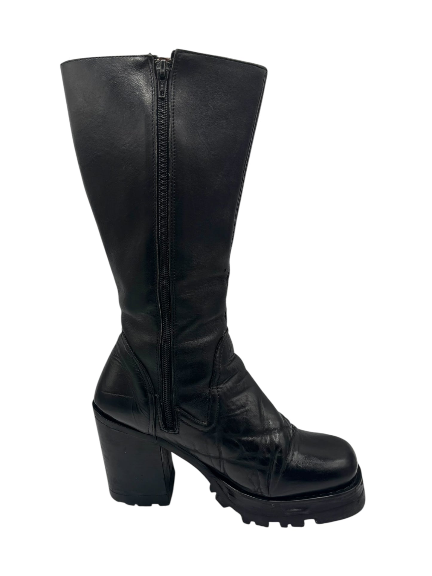 Beautiful vintage 90s Destroy knee high black block platform boots size 38