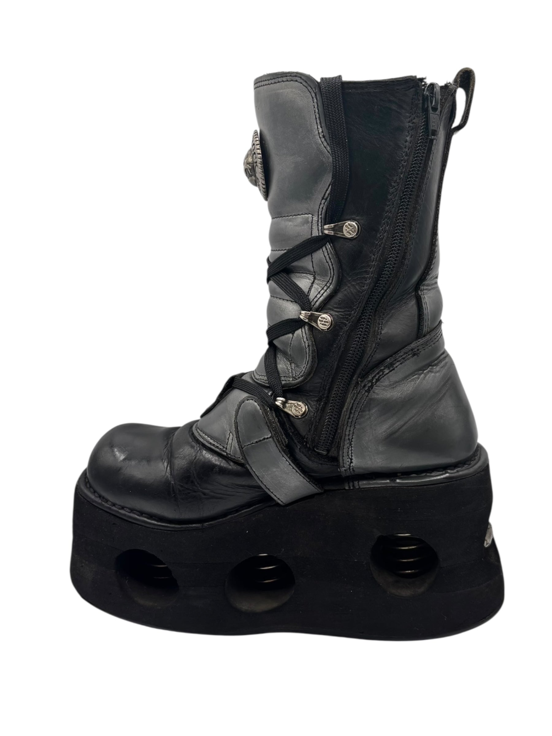 Vintage 90s New Rock mid-calf leather neptuno platform boots size 36