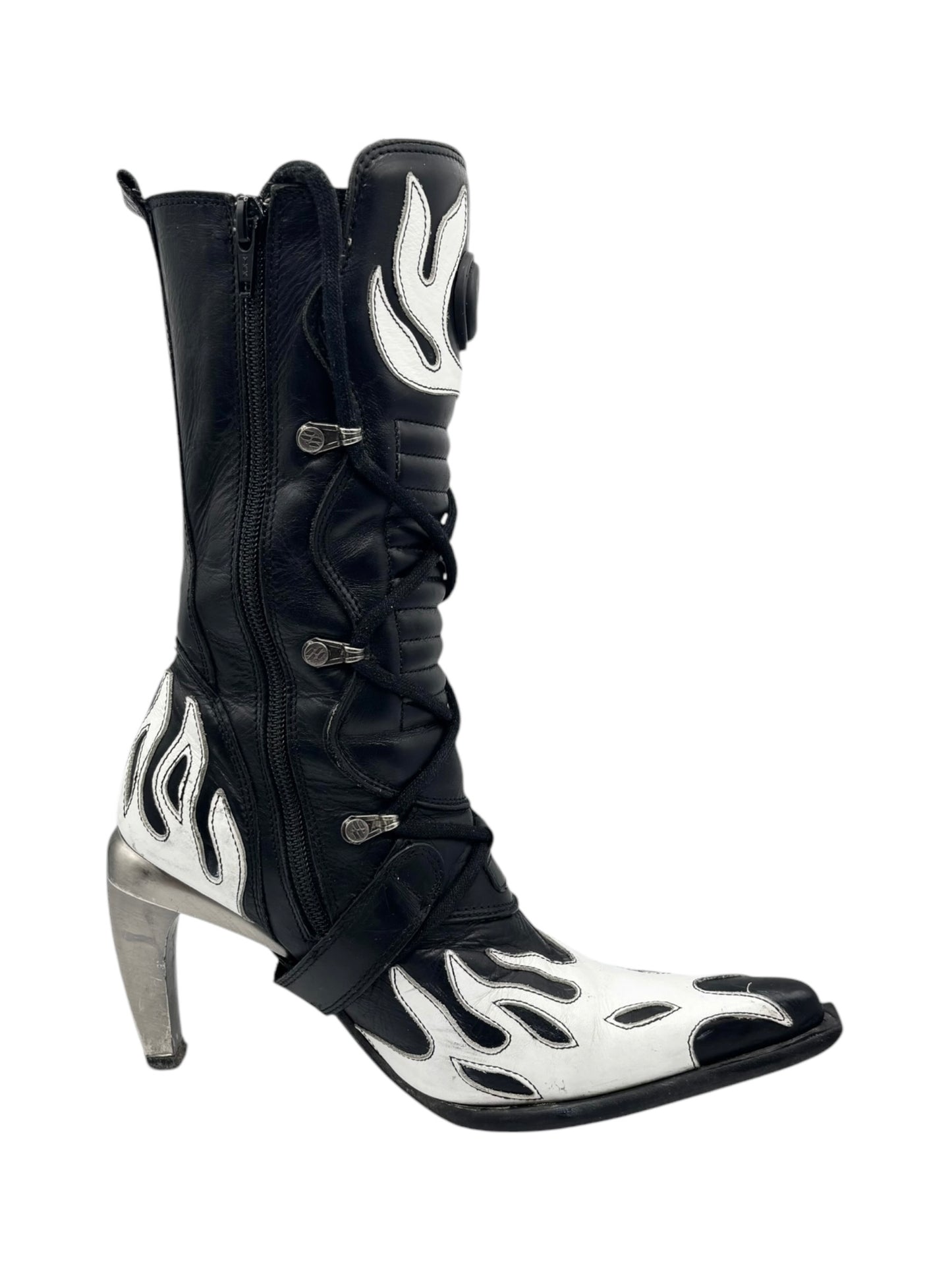 Vintage New Rock white flame pointy biker heels size 36