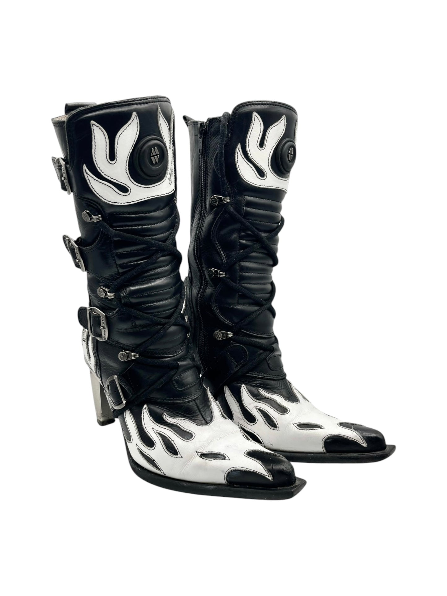 Vintage New Rock white flame pointy biker heels size 36