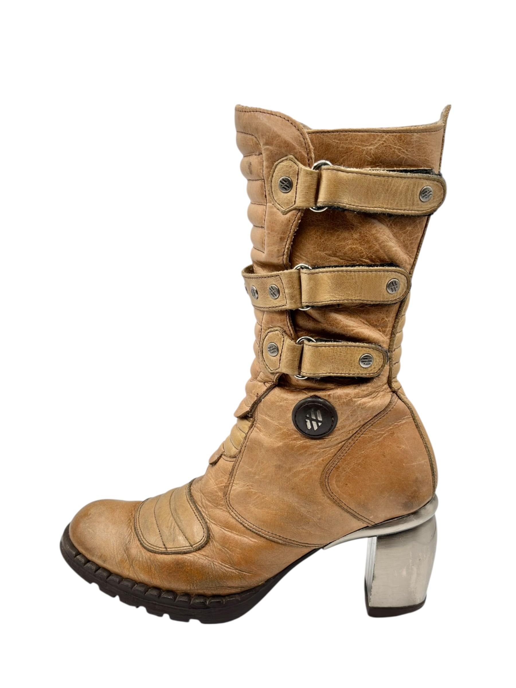 Vintage New Rock beige mid-calf leather biker heels size 37