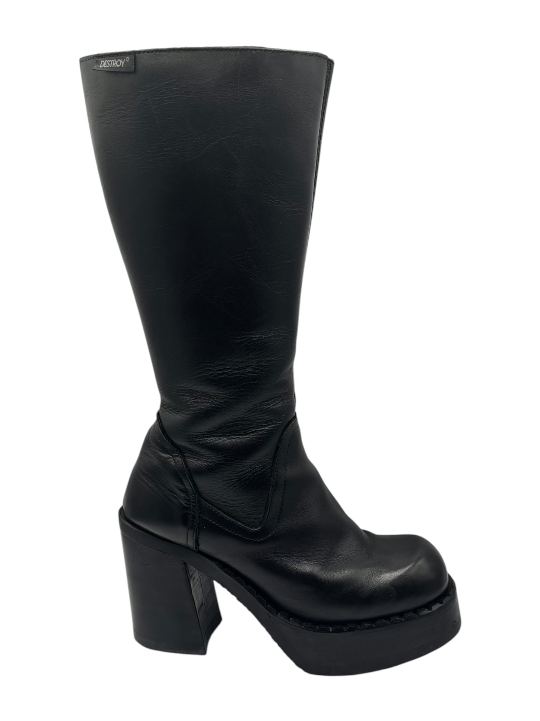 Beautiful vintage 90s Destroy knee high black block platform boots size 38