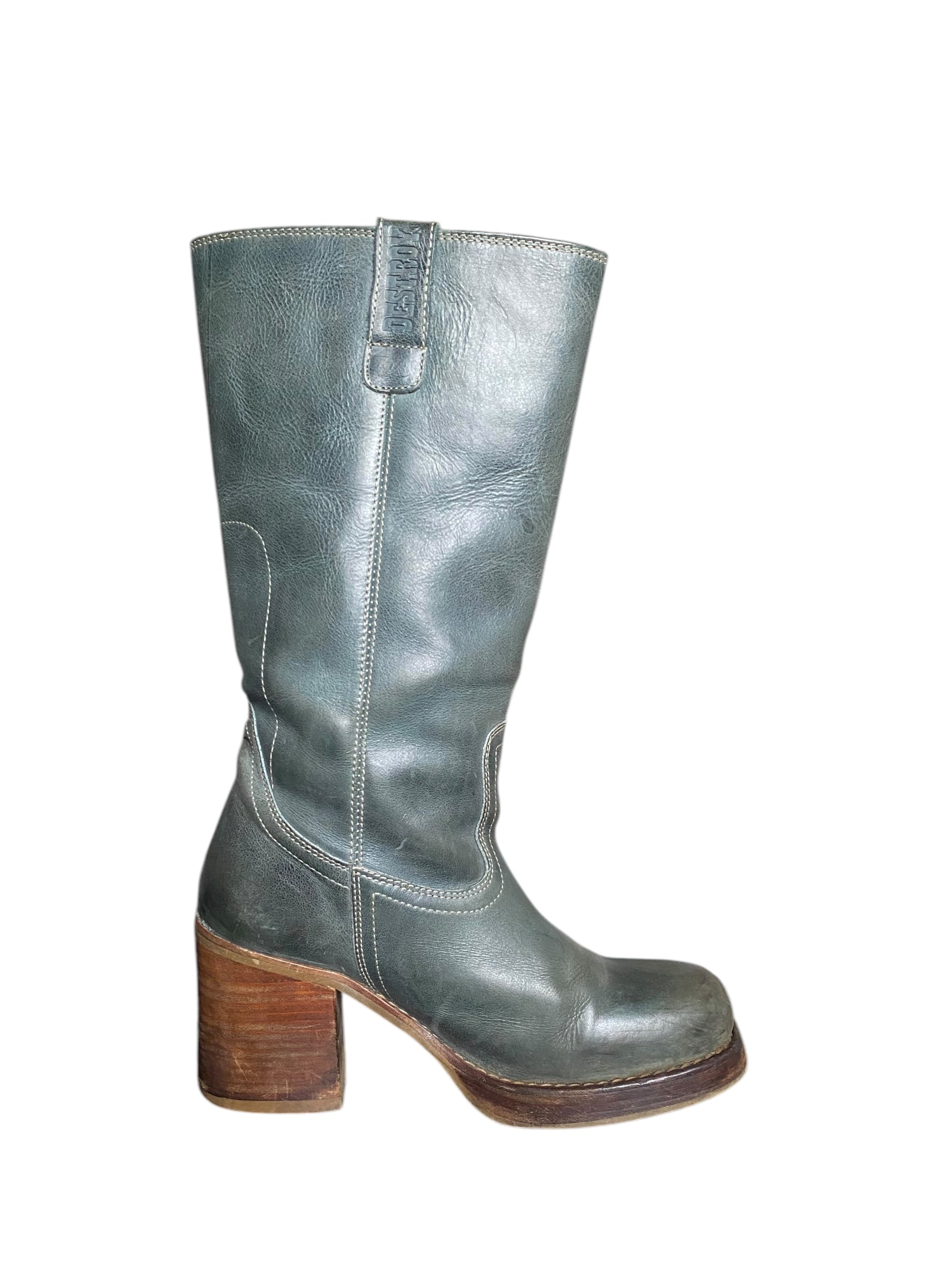 Vintage Destroy jade green block platform leather boots size 41