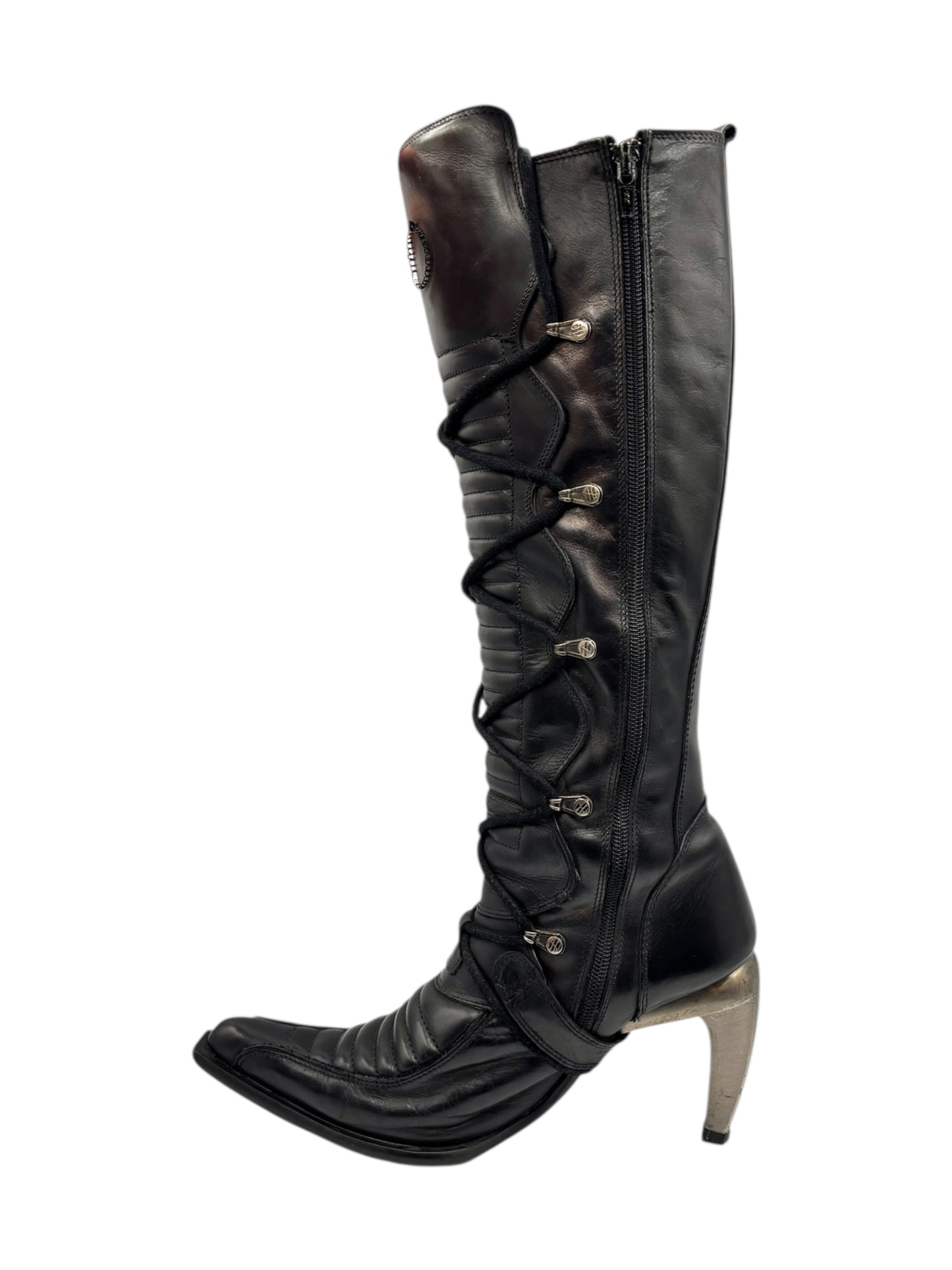 Vintage New Rock knee high leather biker heels size 38