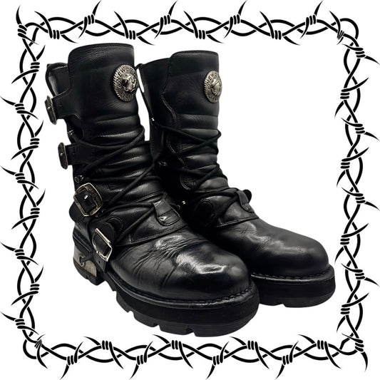 Vintage New Rock buckled raised-heel mid-calf leather boots size 42