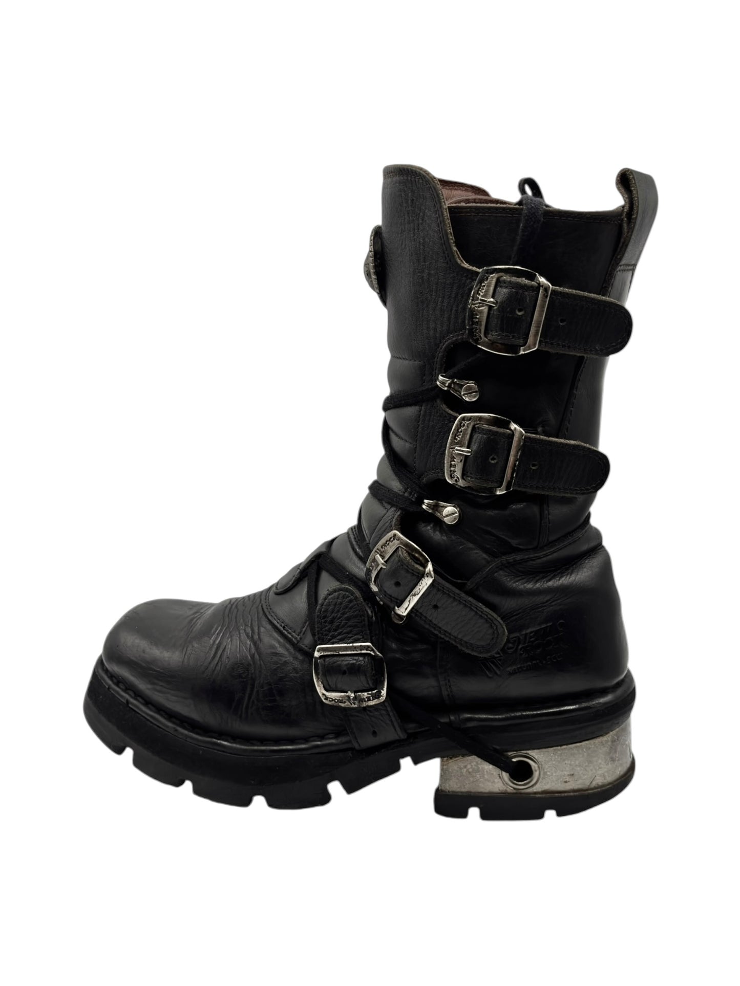 Vintage New Rock buckled raised-heel mid-calf leather boots