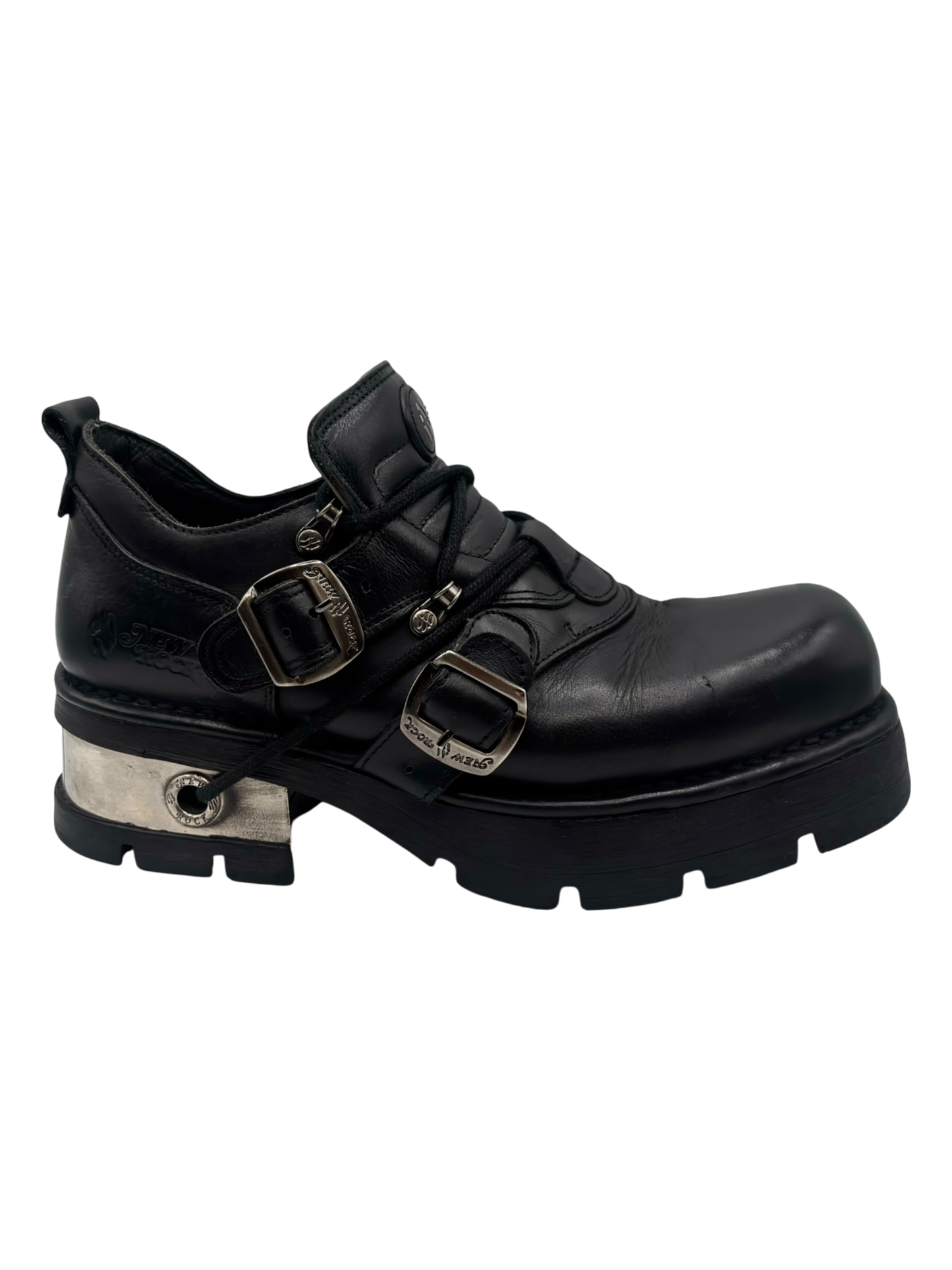 Vintage New Rock leather raised-heel buckle boots size 45