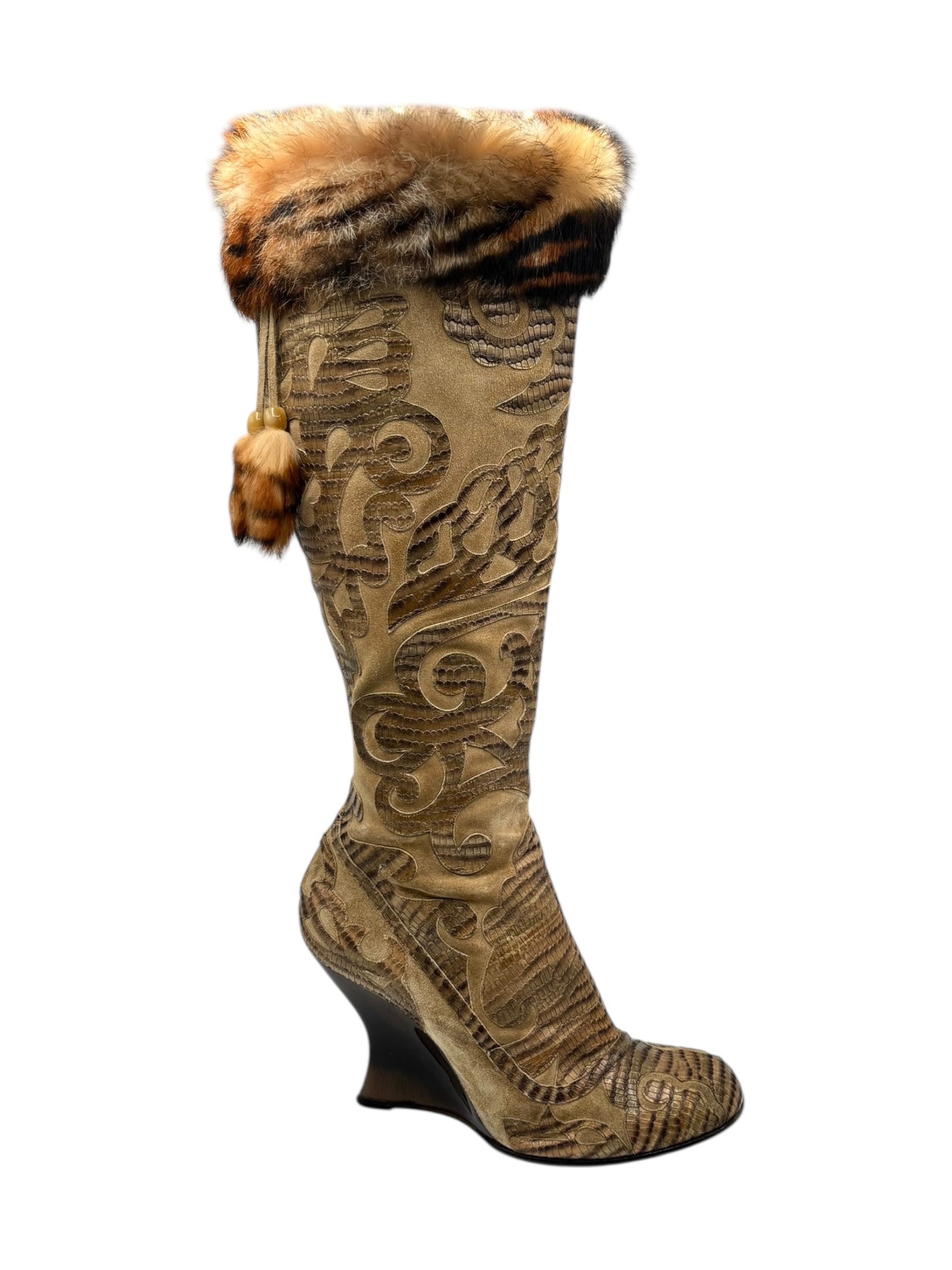 Beautiful vintage El Dantes golden brown fur leather boots size 40