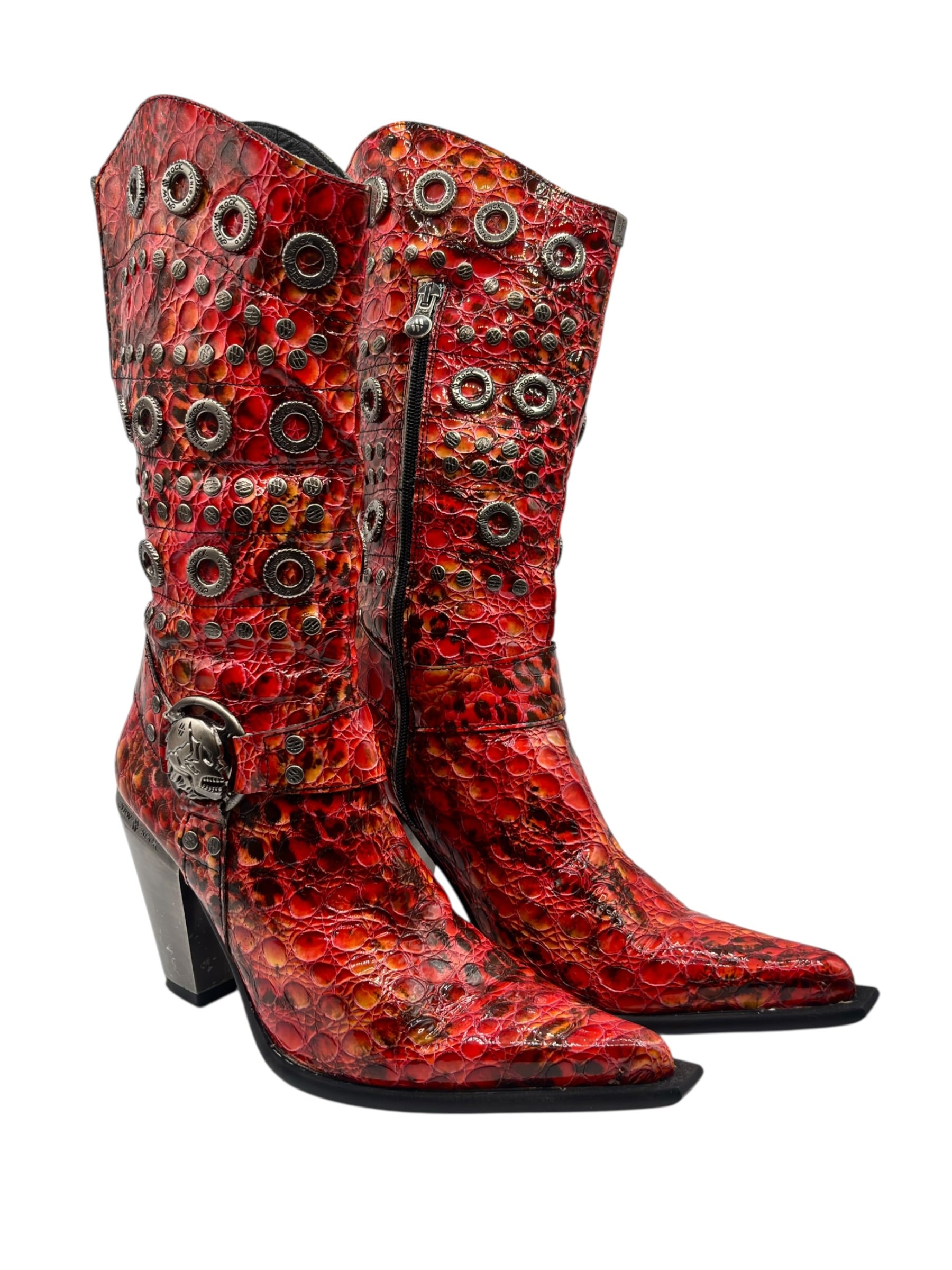 Vintage New Rock ruby mid-calf leather biker heels size 41