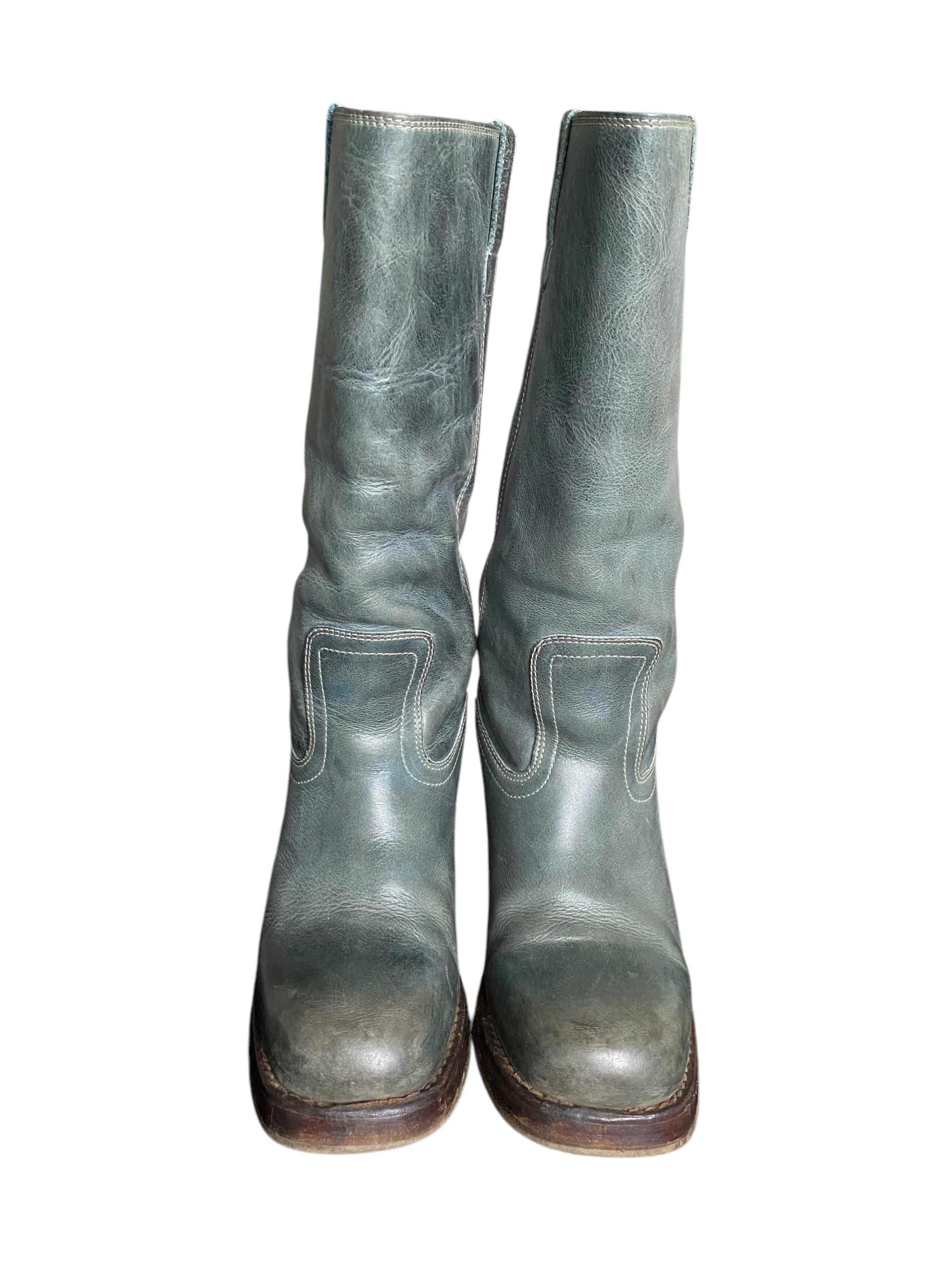 Vintage Destroy jade green block platform leather boots size 41