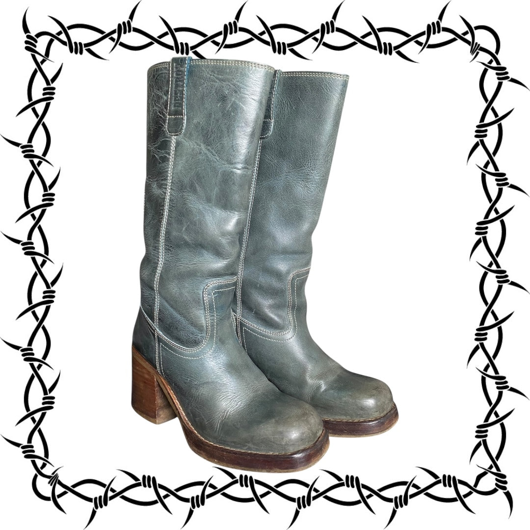 Vintage Destroy jade green block platform leather boots size 41