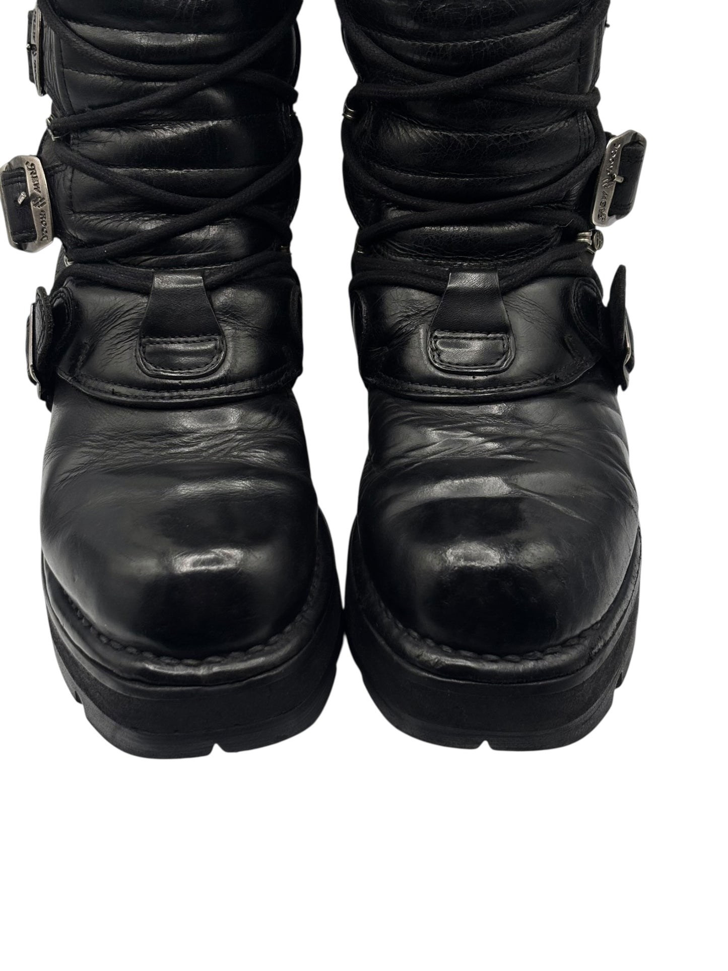 Vintage New Rock buckled raised-heel mid-calf leather boots