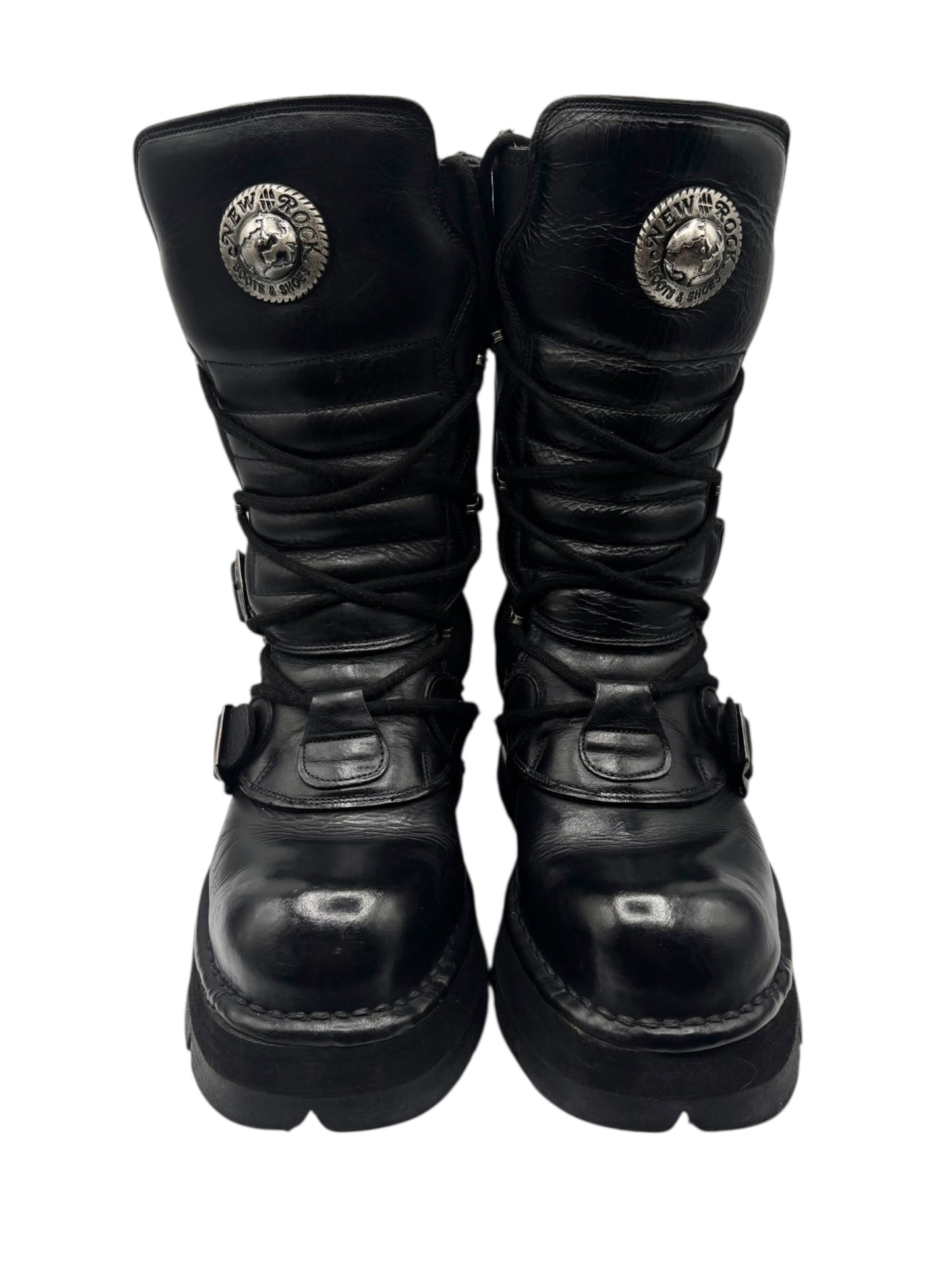 Vintage New Rock buckled raised-heel mid-calf leather boots size 40