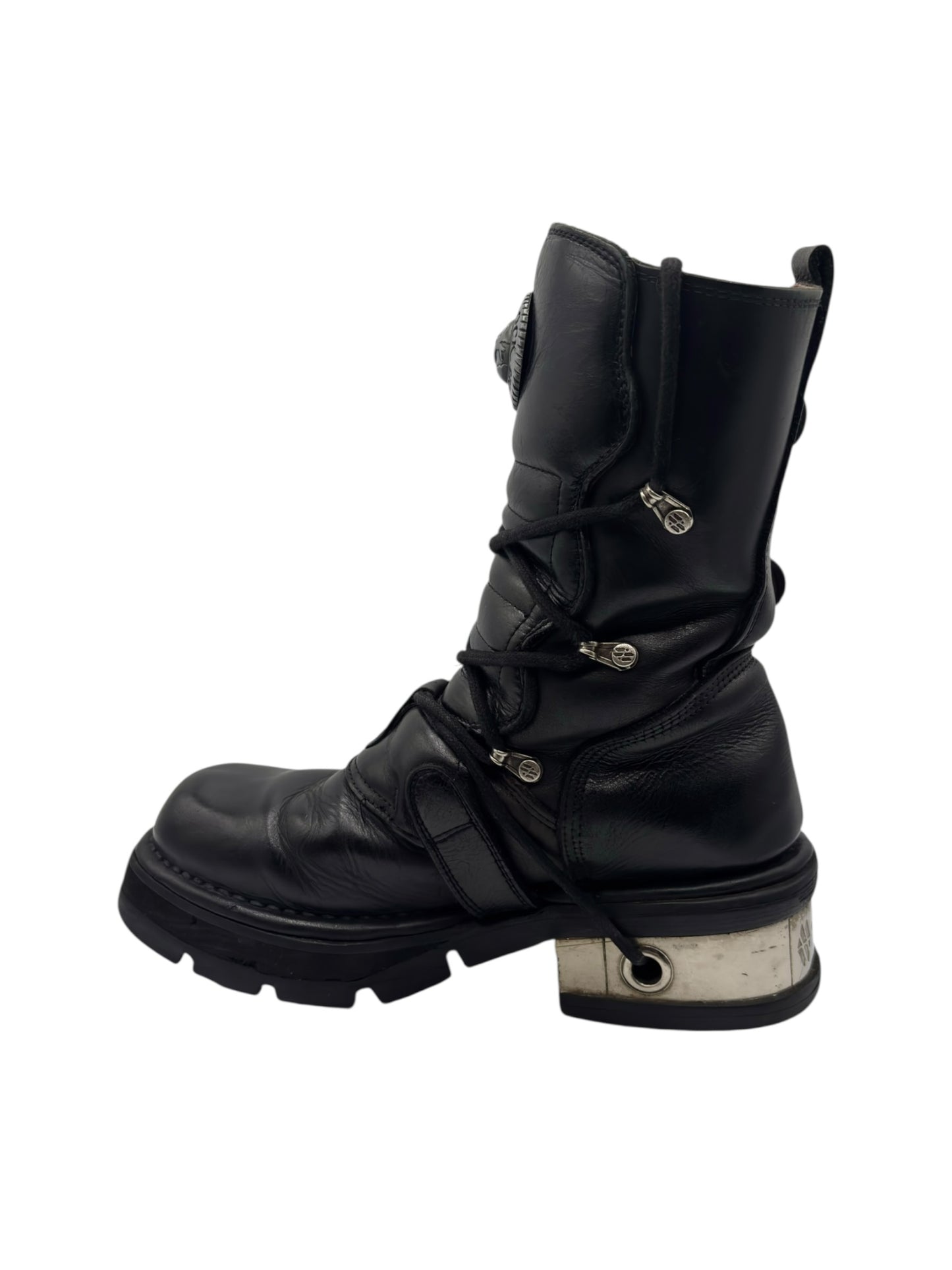 Vintage New Rock buckled raised-heel mid-calf leather boots