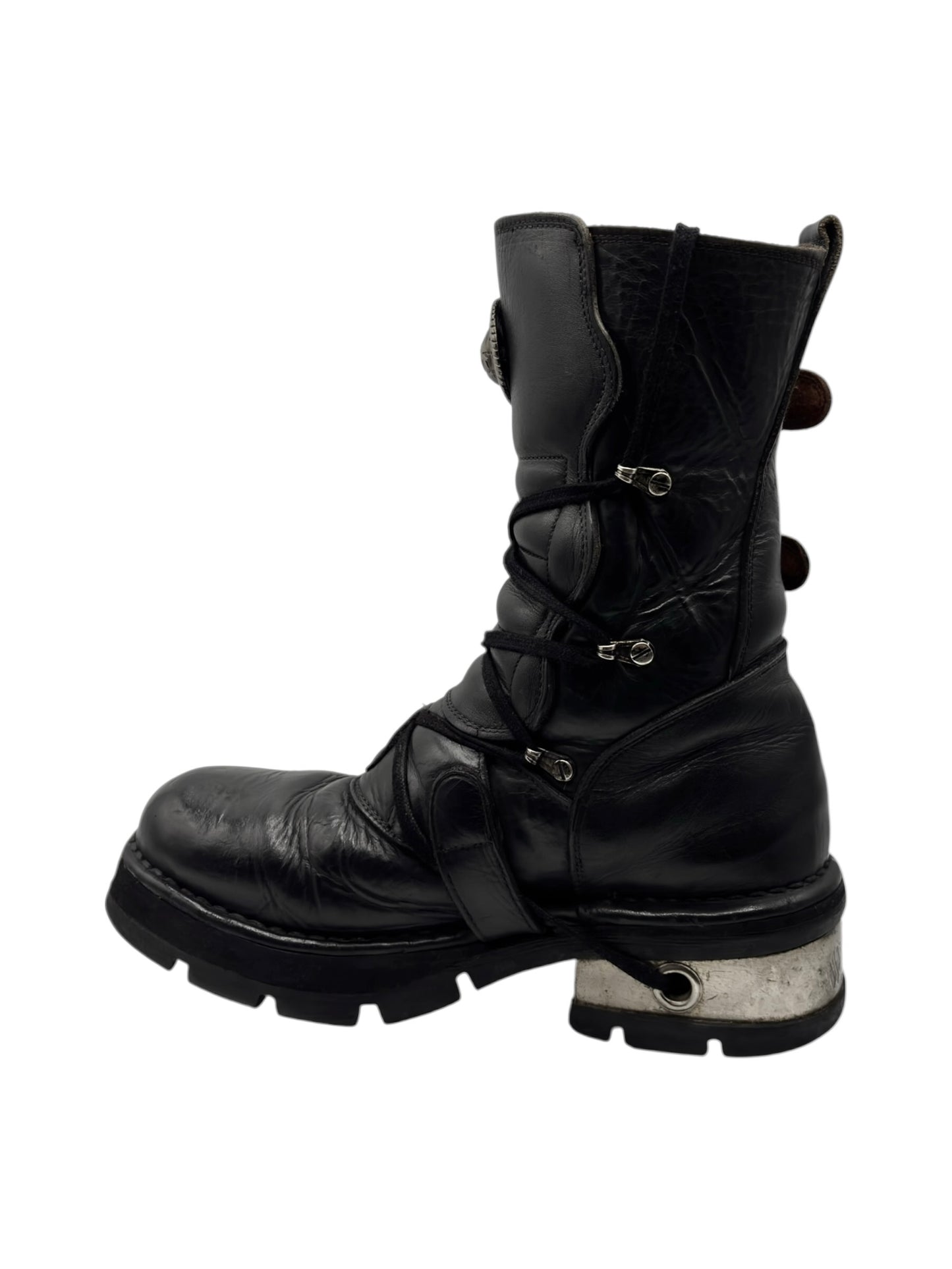 Vintage New Rock buckled raised-heel mid-calf leather boots