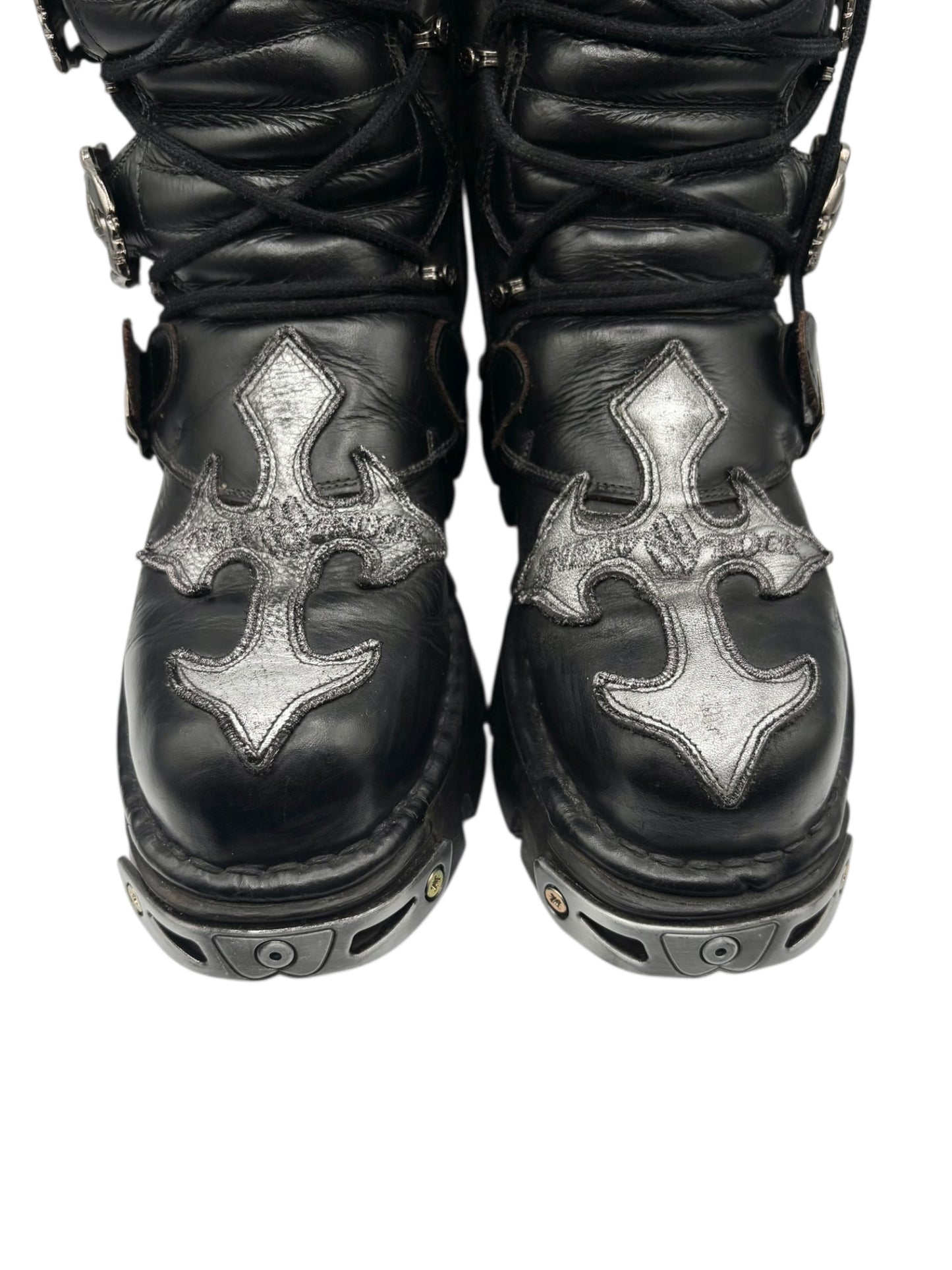 Vintage New Rock knee high leather cross boots size 42