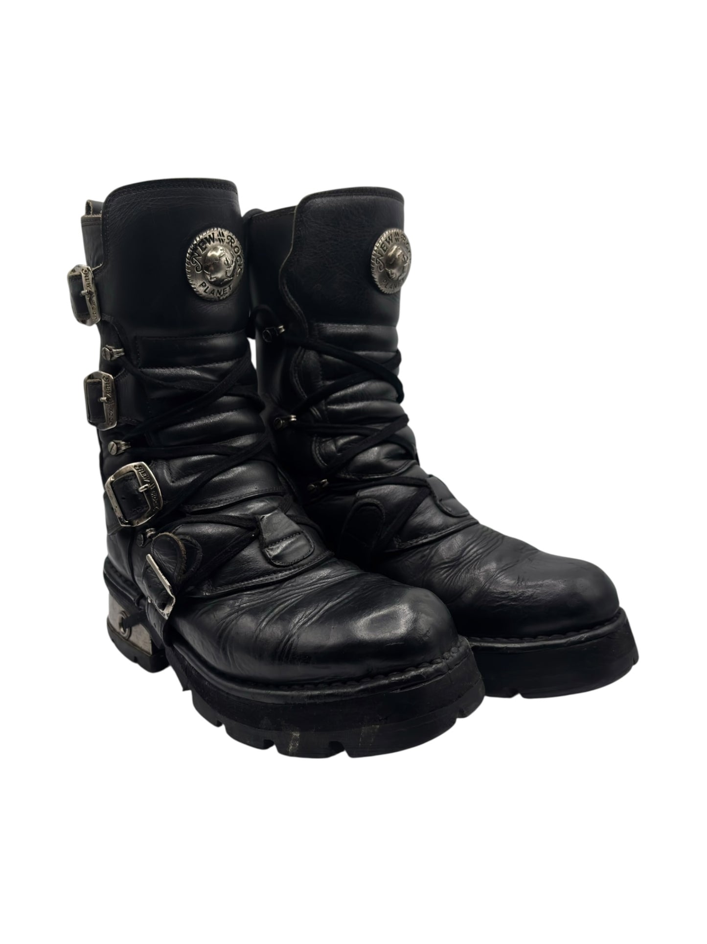 Vintage New Rock buckled raised-heel mid-calf leather boots