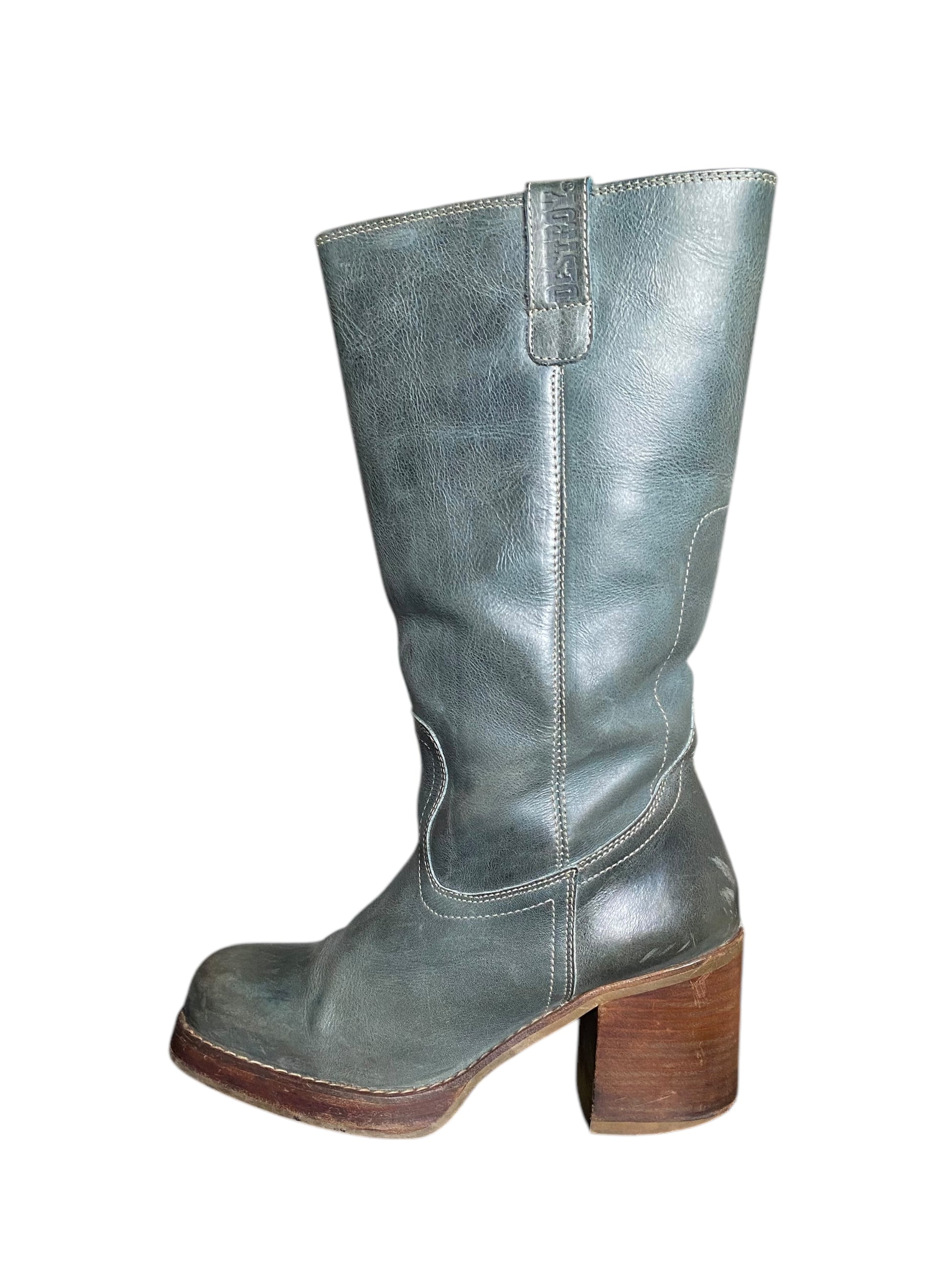 Vintage Destroy jade green block platform leather boots size 41