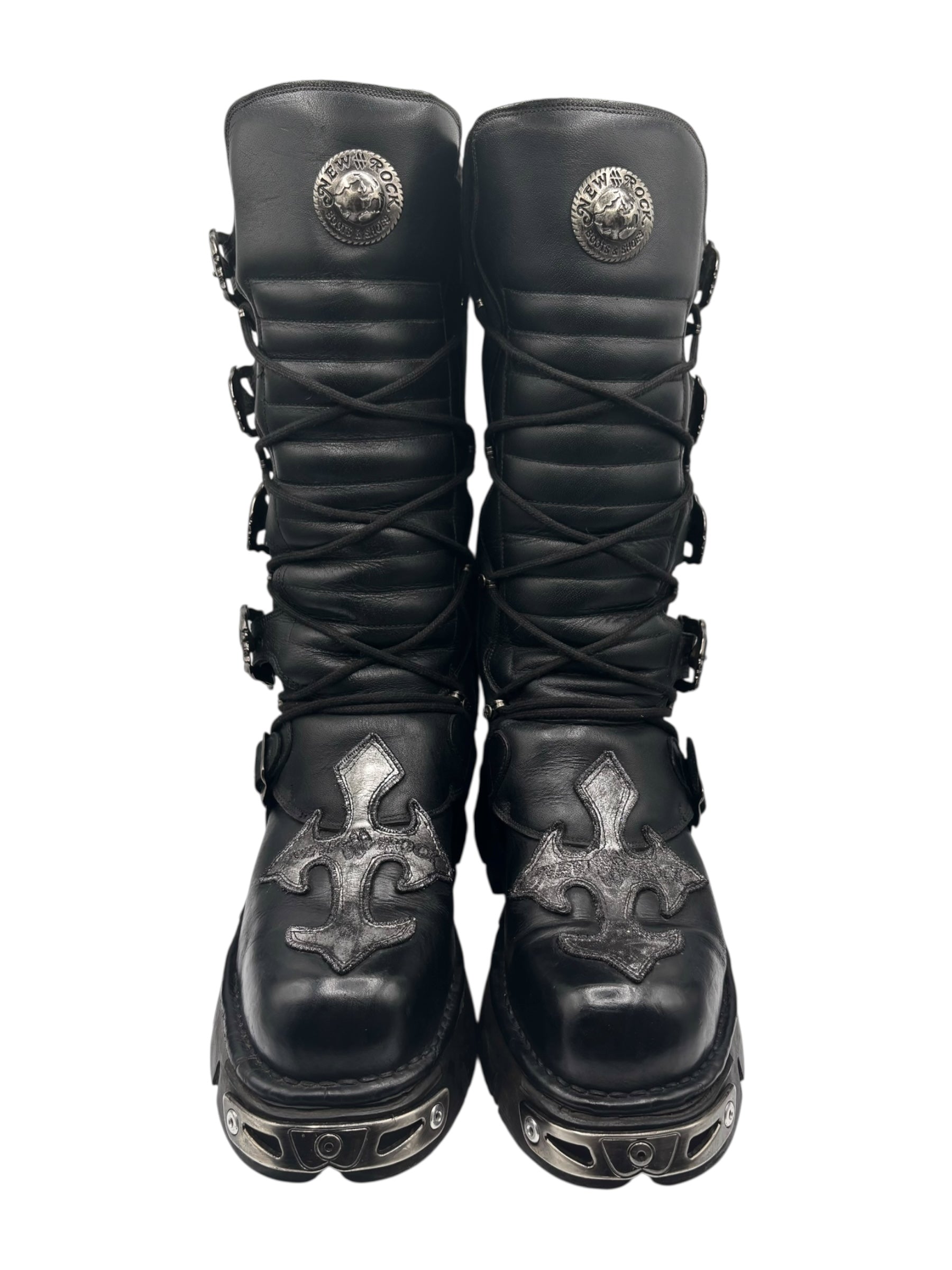 Vintage New Rock knee high leather cross boots size 46