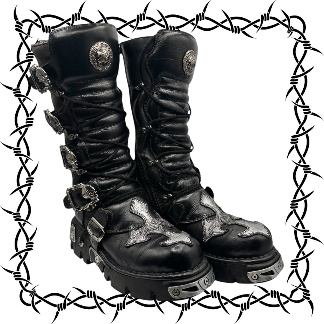 Vintage New Rock knee high leather cross boots size 42