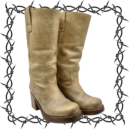 Vintage Destroy beige knee high block platform leather boots