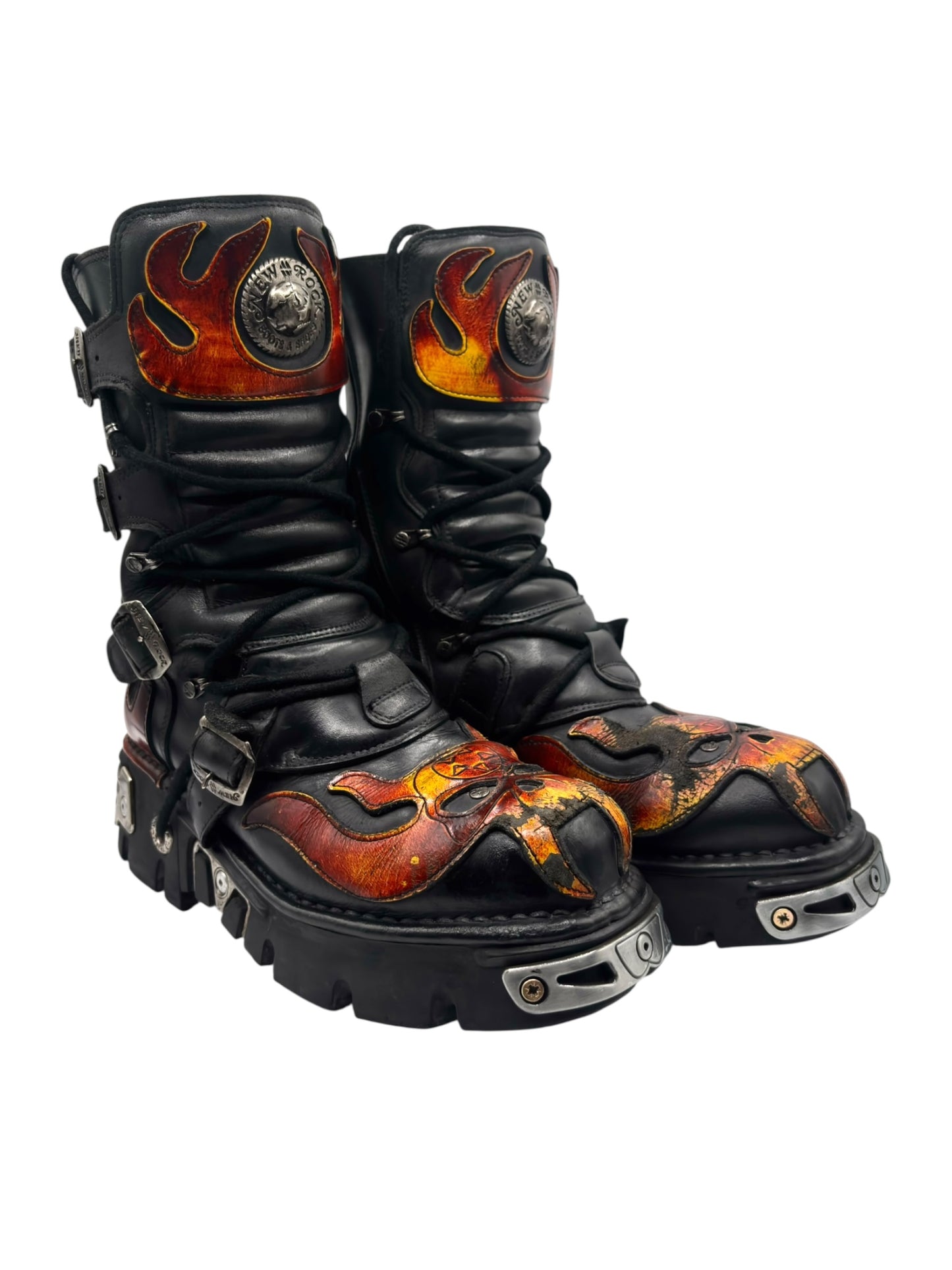 Vintage New Rock orange flame mid-calf reactor leather boots