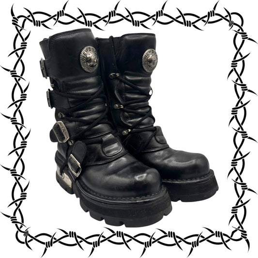 Vintage New Rock buckled raised-heel mid-calf leather boots size 37