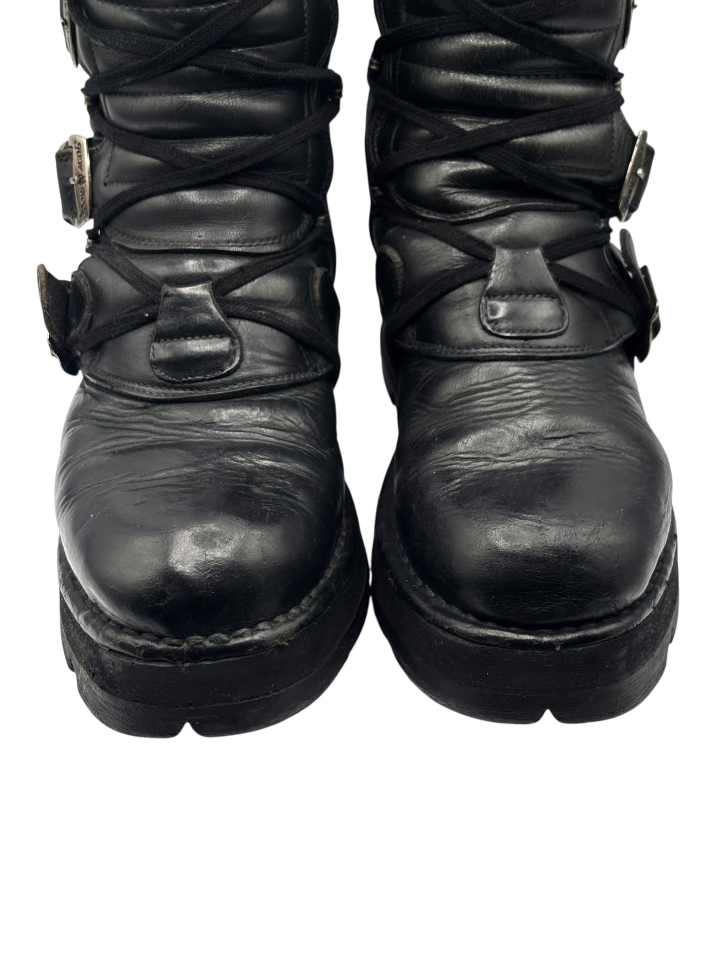 Vintage New Rock buckled raised-heel mid-calf leather boots