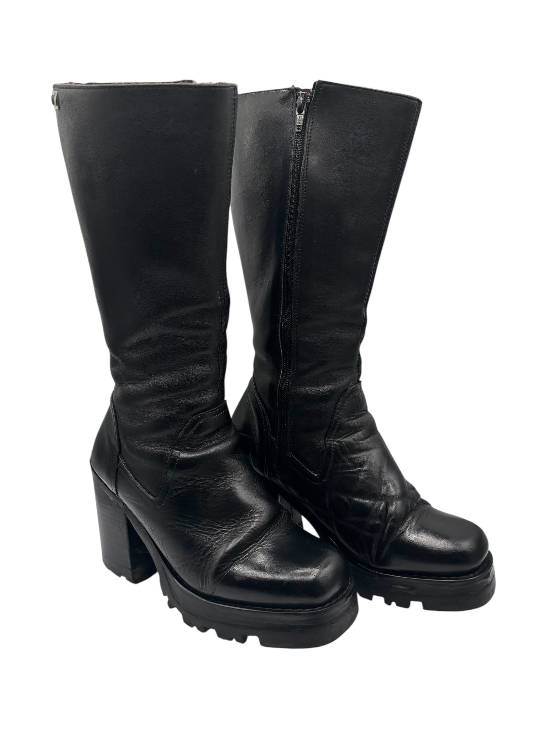 Beautiful vintage 90s Destroy knee high black block platform boots size 38