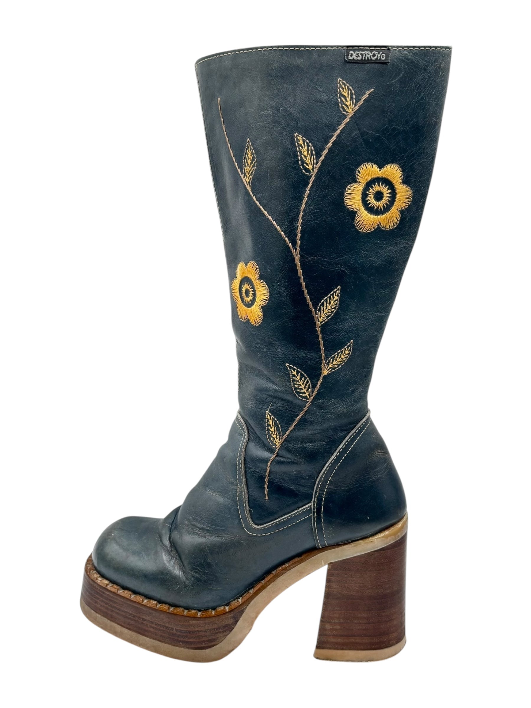 Beautiful vintage 90s Destroy knee high flower block platform boots size 37