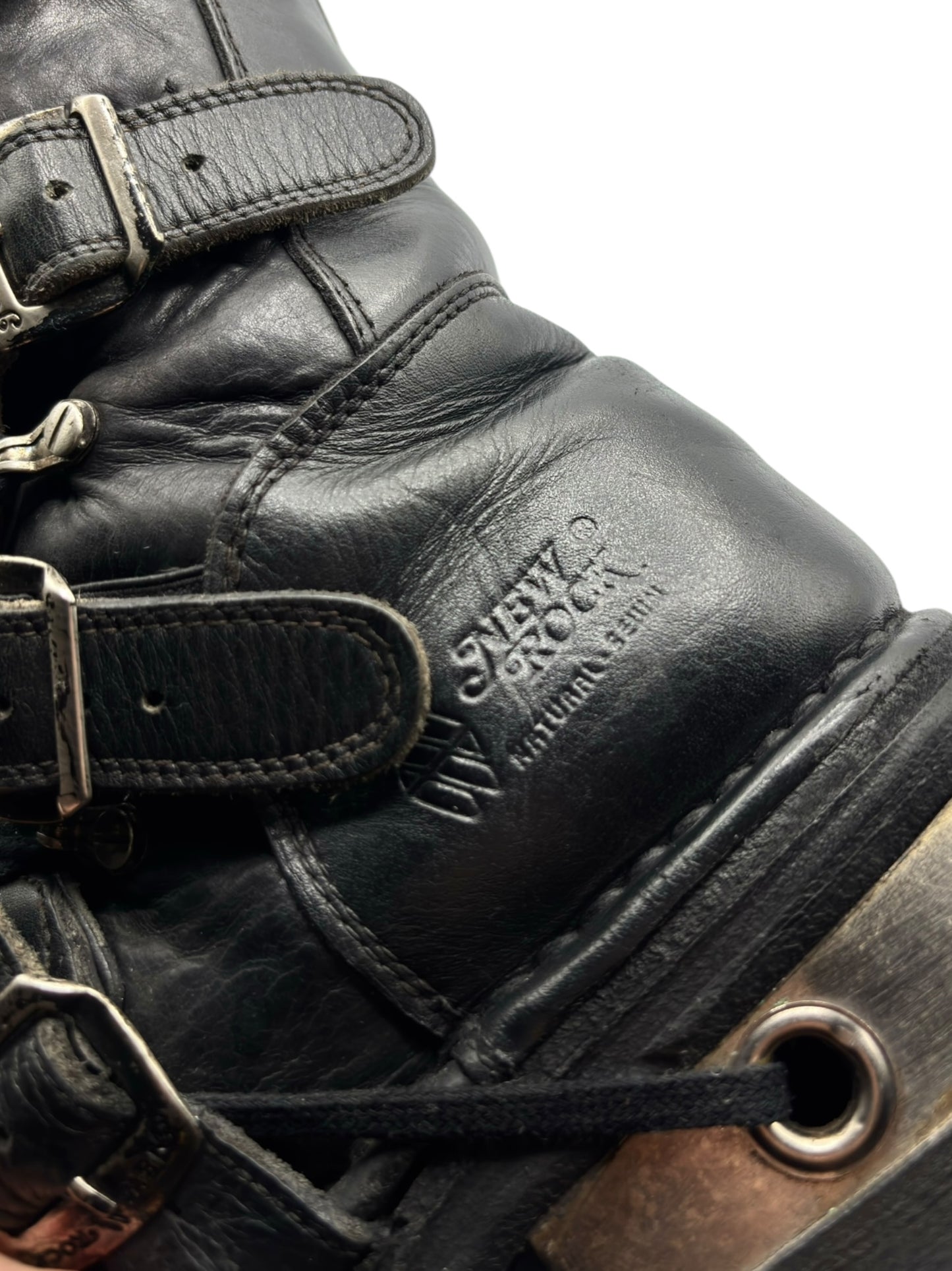 Vintage New Rock buckled raised-heel mid-calf leather boots