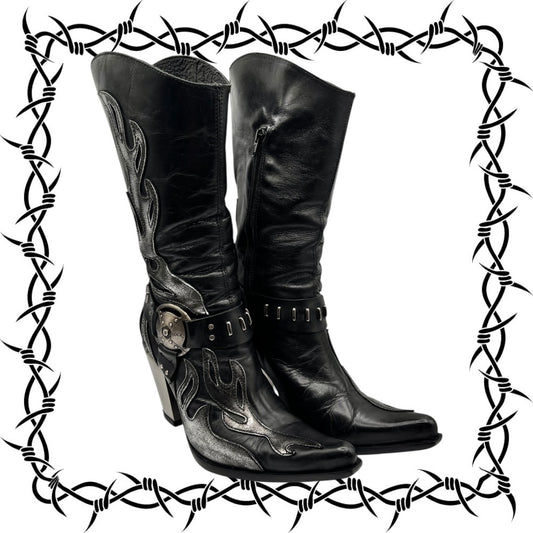 Vintage New Rock grey flame biker heels size 38