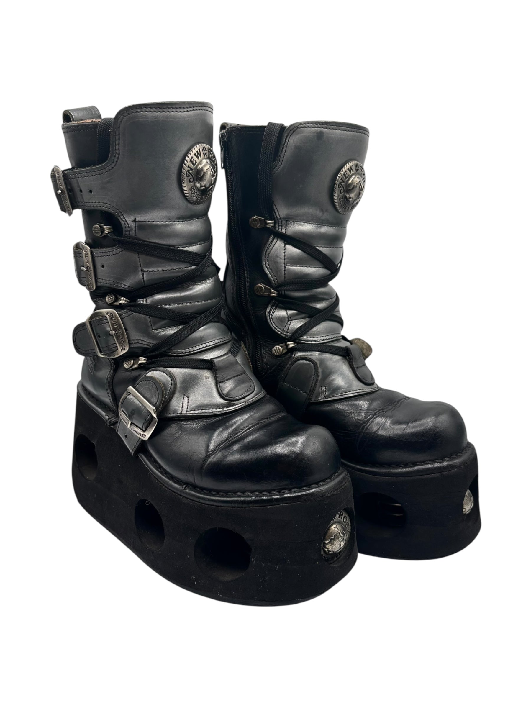Vintage 90s New Rock mid-calf leather neptuno platform boots size 36
