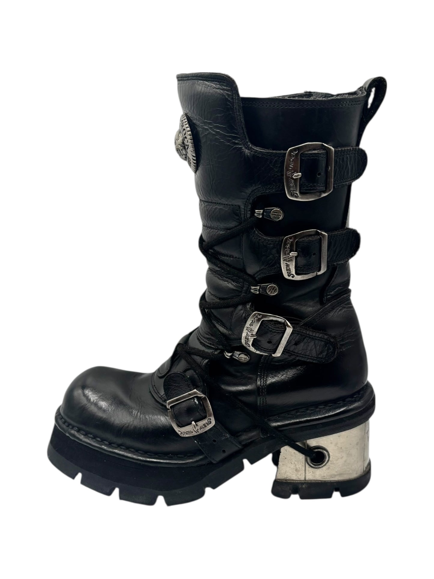 Vintage New Rock buckled raised-heel mid-calf leather boots size 40