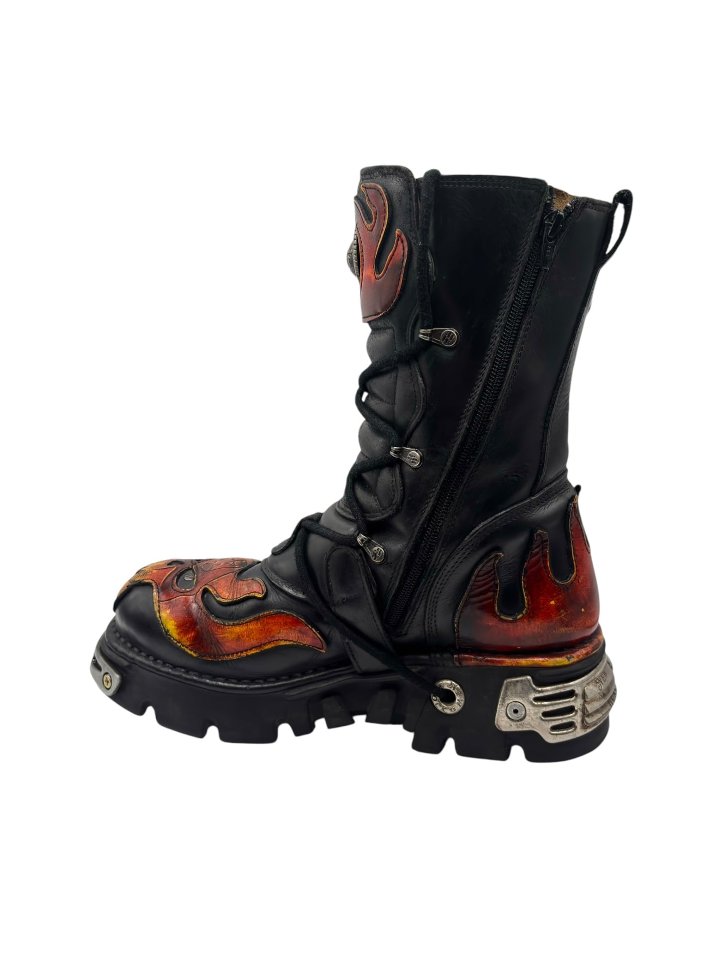 Vintage New Rock orange flame mid-calf reactor leather boots