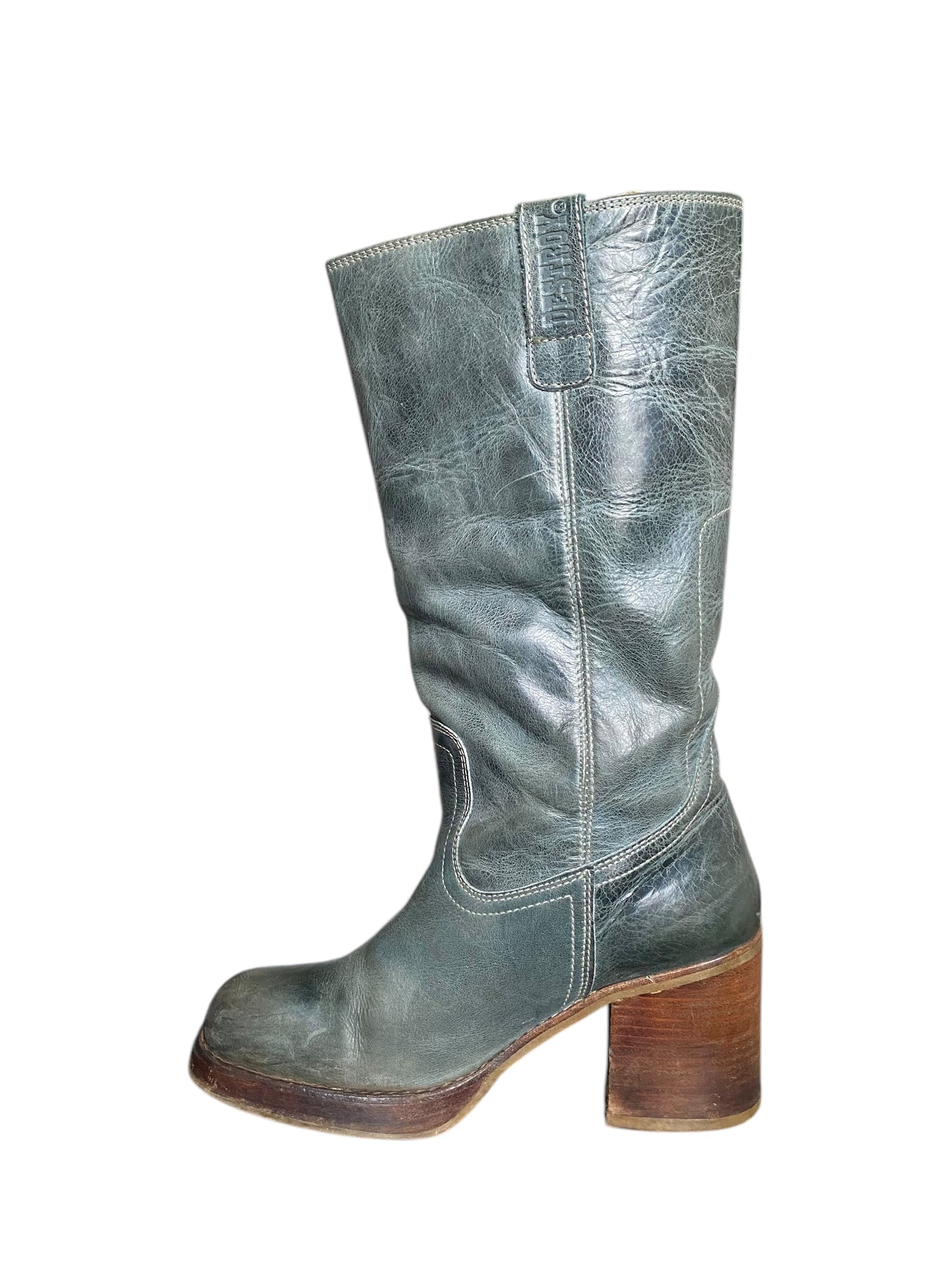 Vintage Destroy jade green block platform leather boots size 41