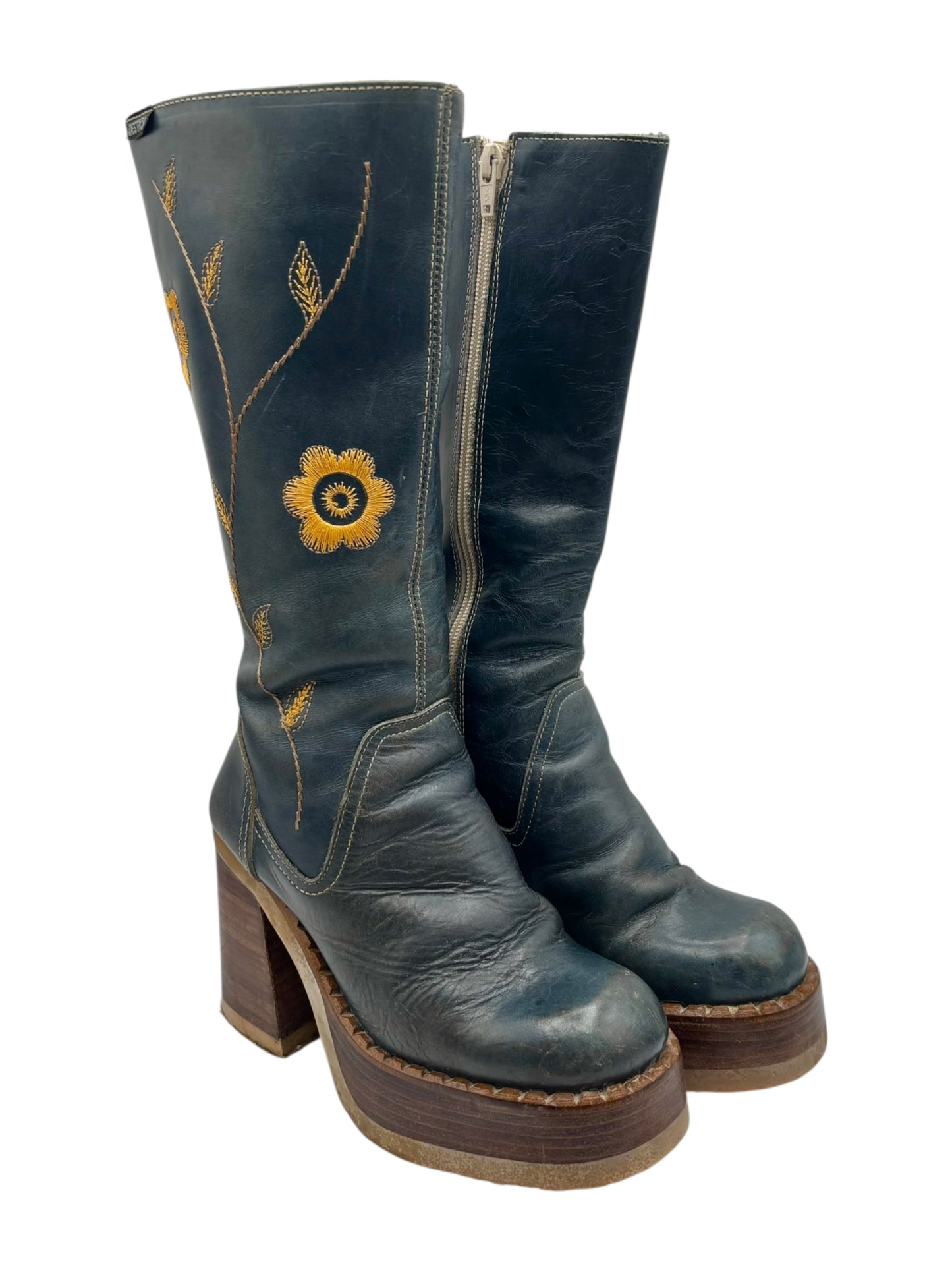 Beautiful vintage 90s Destroy knee high flower block platform boots size 37