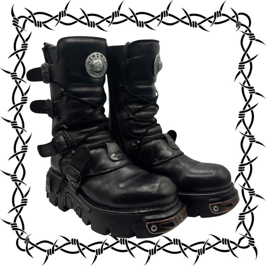 Vintage New Rock black mid-calf reactor leather boots